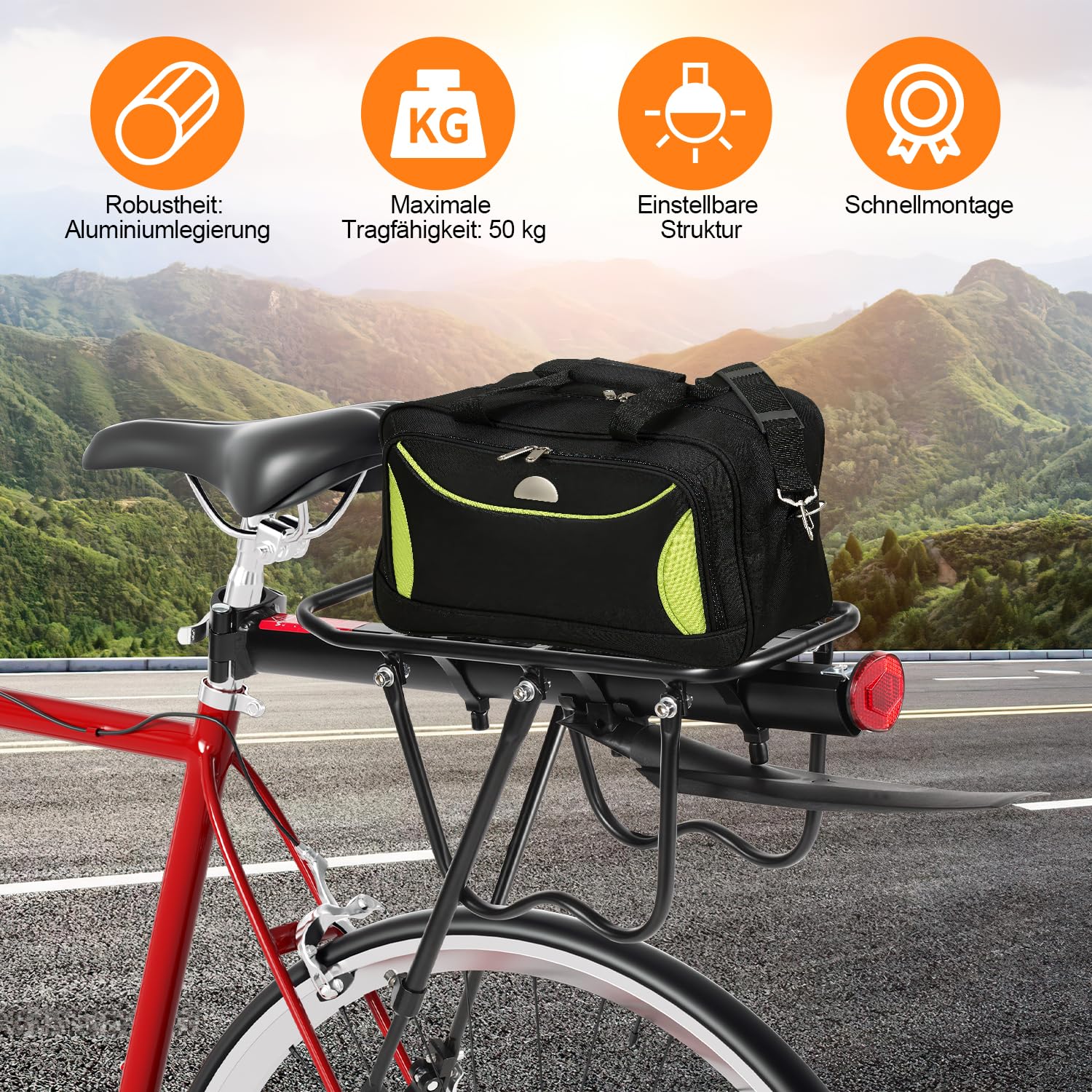 Herrselsam Fahrrad Gepäckträger Mountainbike Gepäckträger mit Reflektor und Schutzblech, Aluminiumlegierung Fahrradgepäckträger für 24-29 Zoll Rennrad, MTB, Mountainbike, Maximale 50 kg