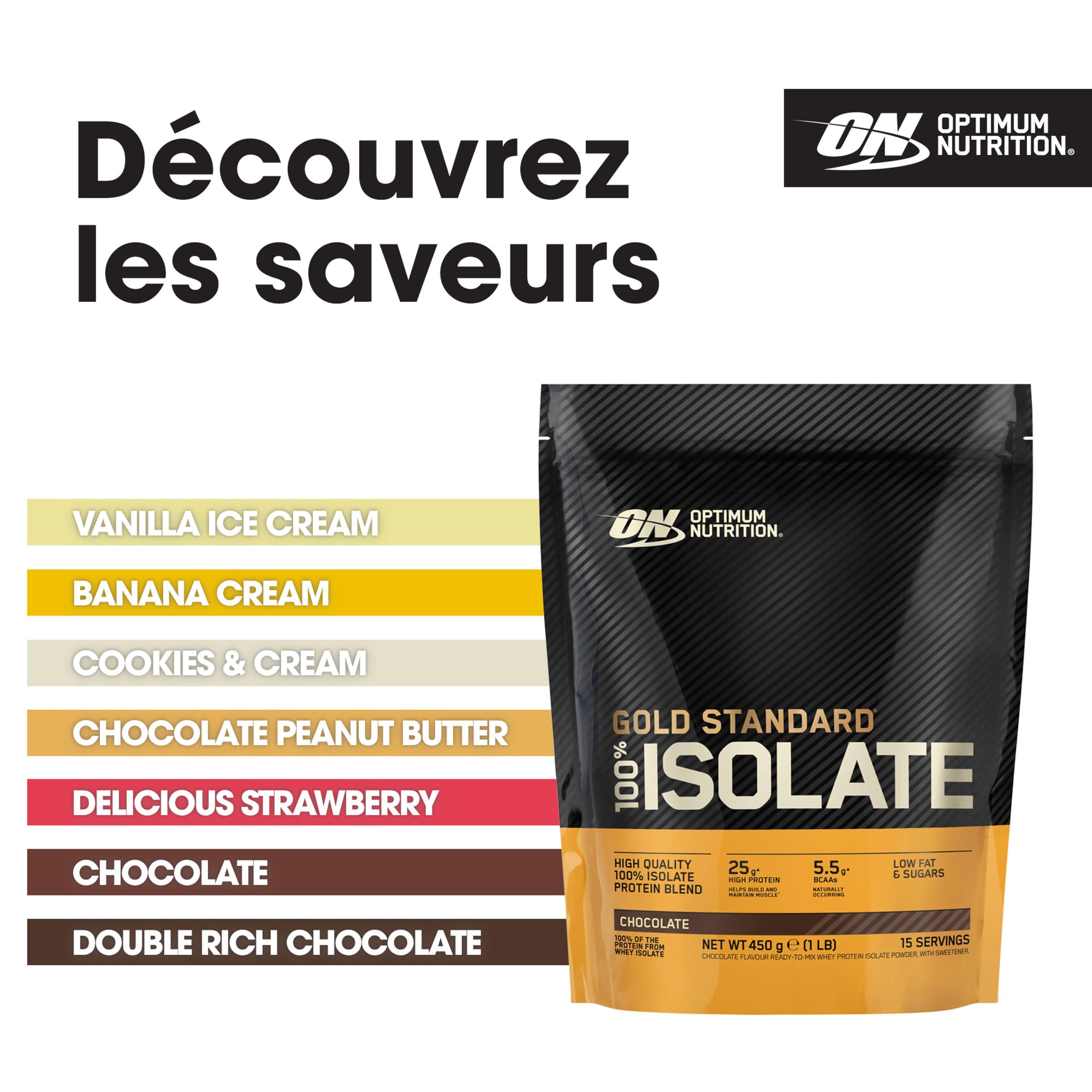 Optimum Nutrition Gold Standard 100% Isolat de Protéine de Whey en Poudre, Goût Chocolat, 450g, 15 Doses