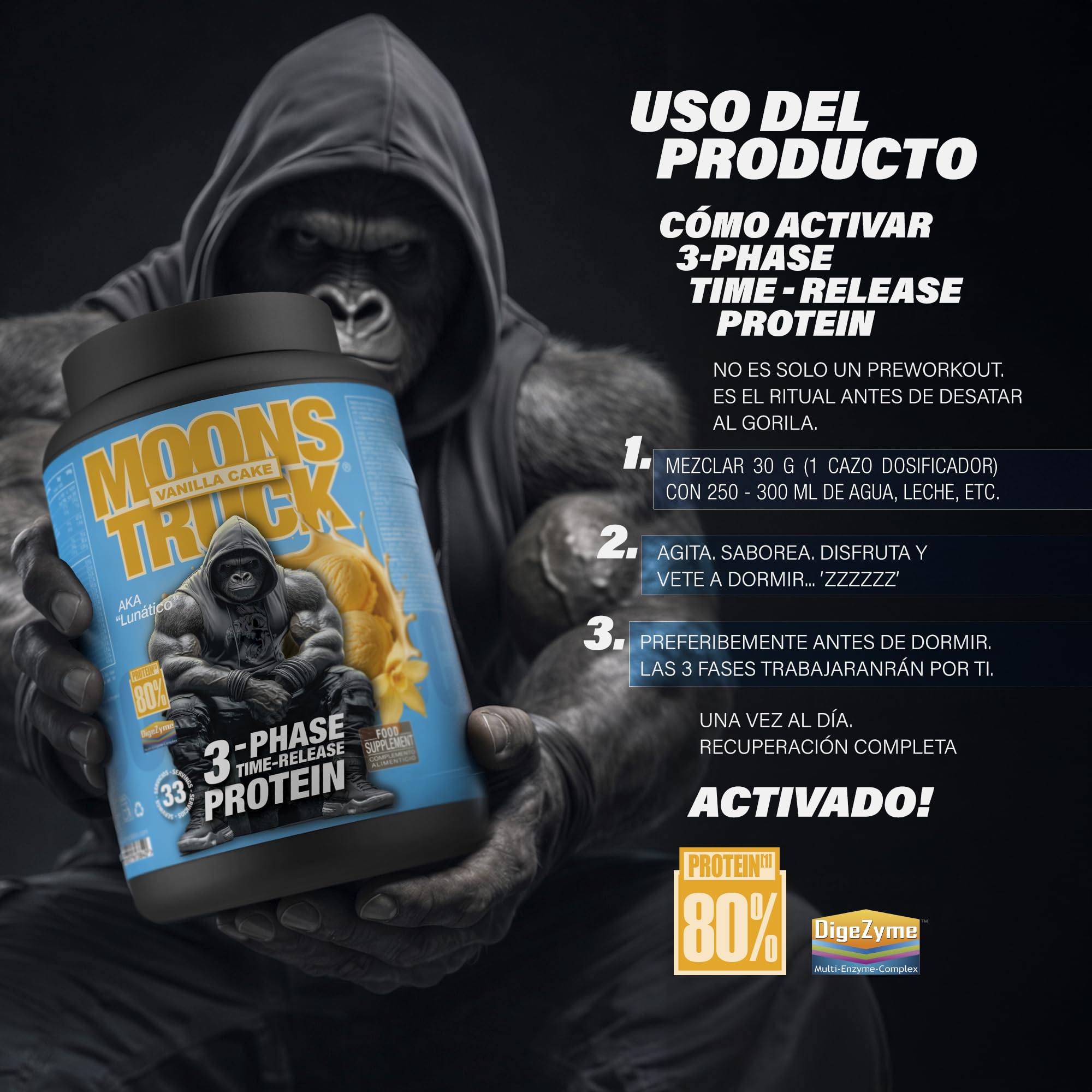 Zoomad Labs MOONSTRUCK 3-Phase Whey Protein 1 kg Chocolate | Proteínas Whey Isolada + Concentrada + Caseína Micelar con DigeZyme | 24 g Proteína · 80% Pureza · 33 Tomas Time-Release