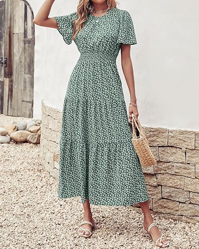 Miniatura 3 de PRETTYGARDEN Vestido largo floral de verano para mujer, casual, con mangas con vuelo, cuello redondo, cintura fruncida, escalonado, bohemio, fluido