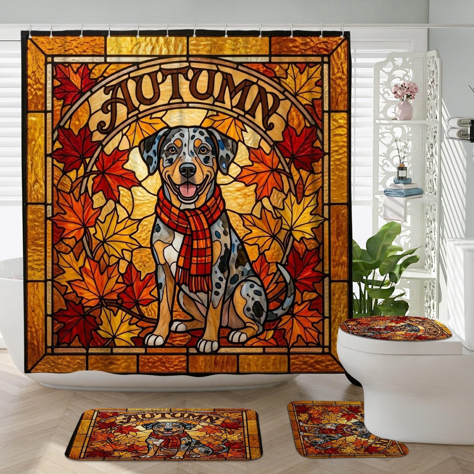 Ensemble rideau de douche motif vitrail de vacances pour une décoration de bain relaxante