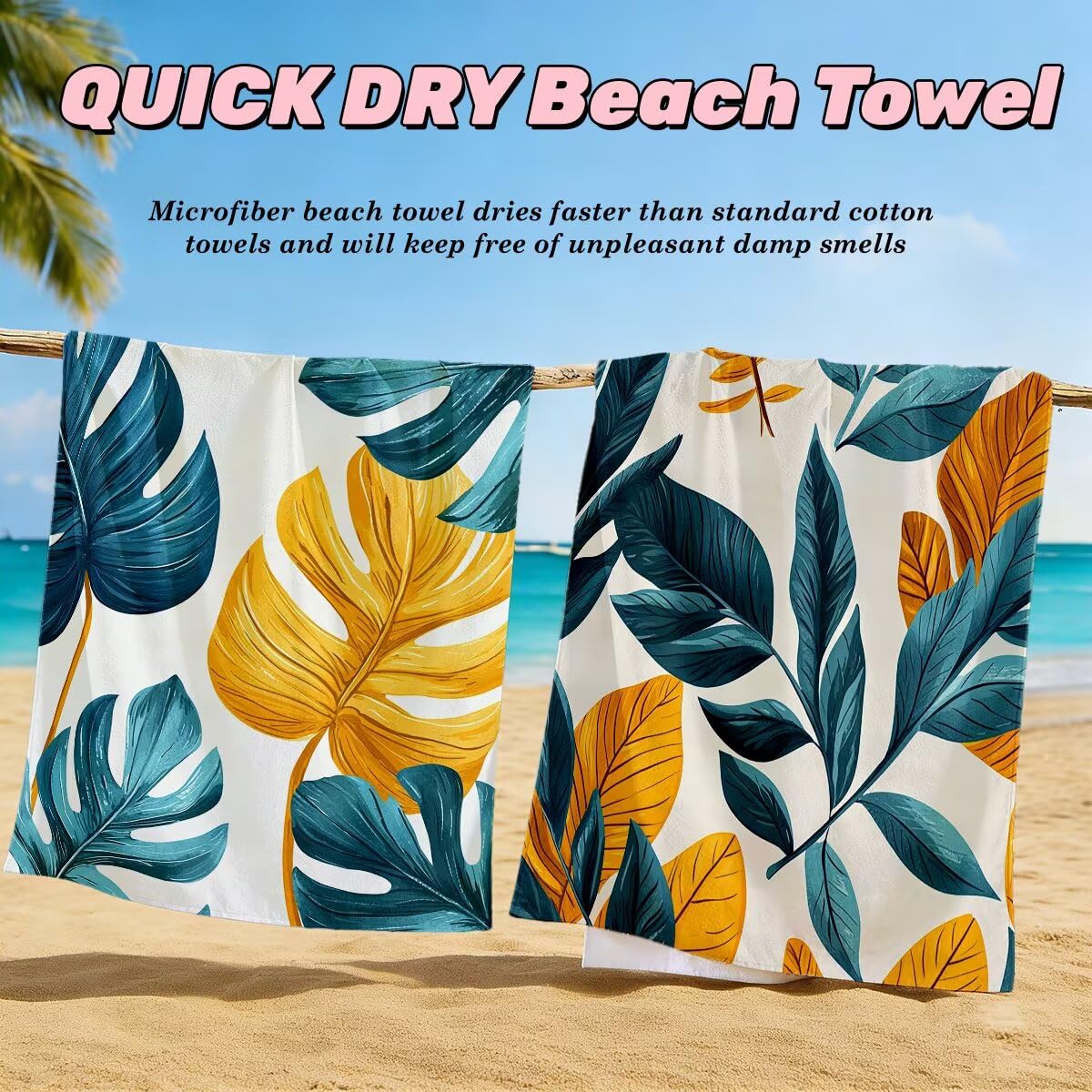 Juego de 2 Toalla Playa Grande 80x160 cm, Secado Rapido Toalla Microfibra Gimnasio, Antiarena Toallas de Playa Hoja, Grande Ligera Compacta Toallas Microfibra Mujer Hombre para Viaje Piscina -4970