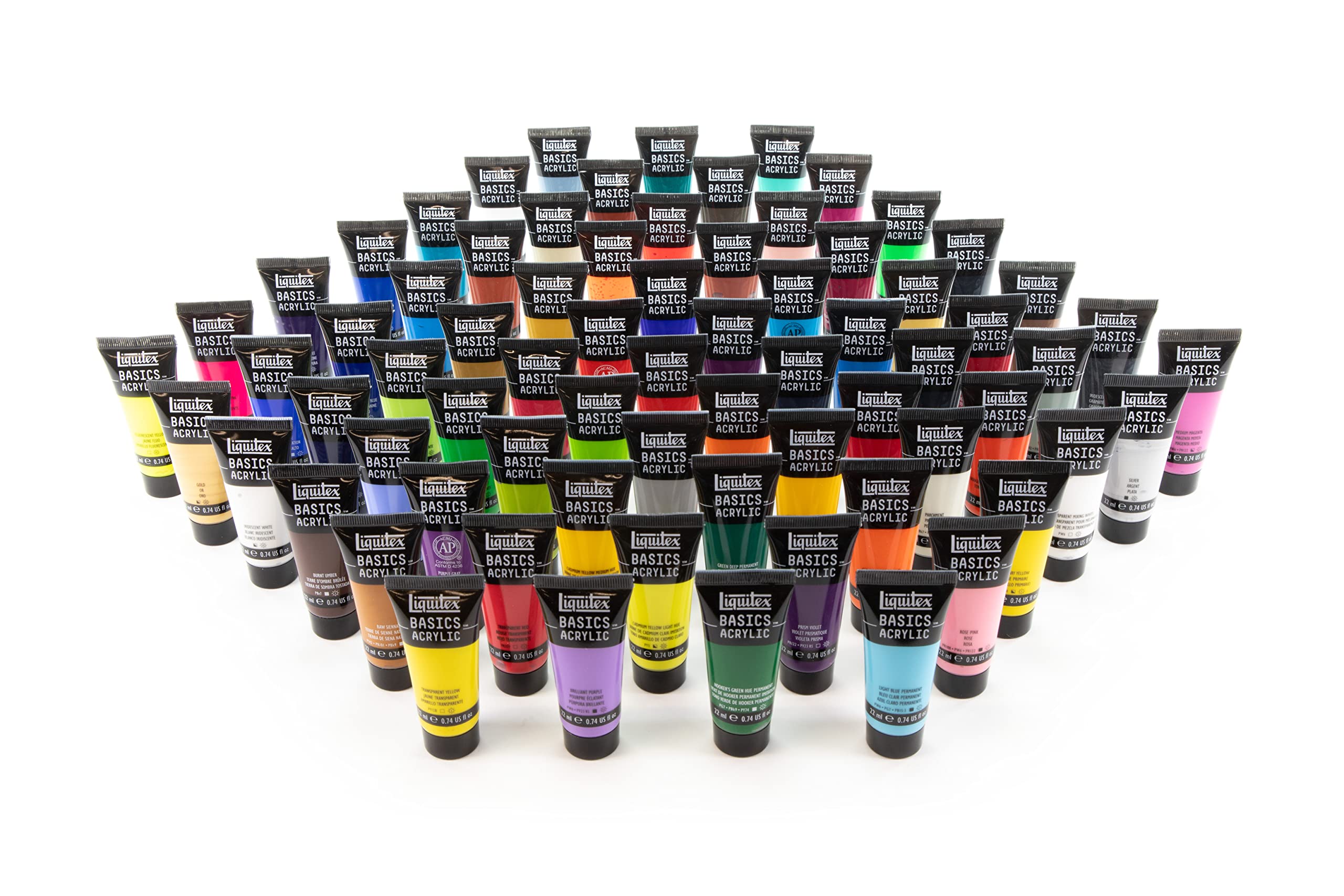 Liquitex 3699347 Basics Studio Pintura acrílica, 72 colores en tubos de 22 ml de pigmentos de alta calidad y resistentes, colores muy opacos, excelente resistencia a la luz, resistente al agua
