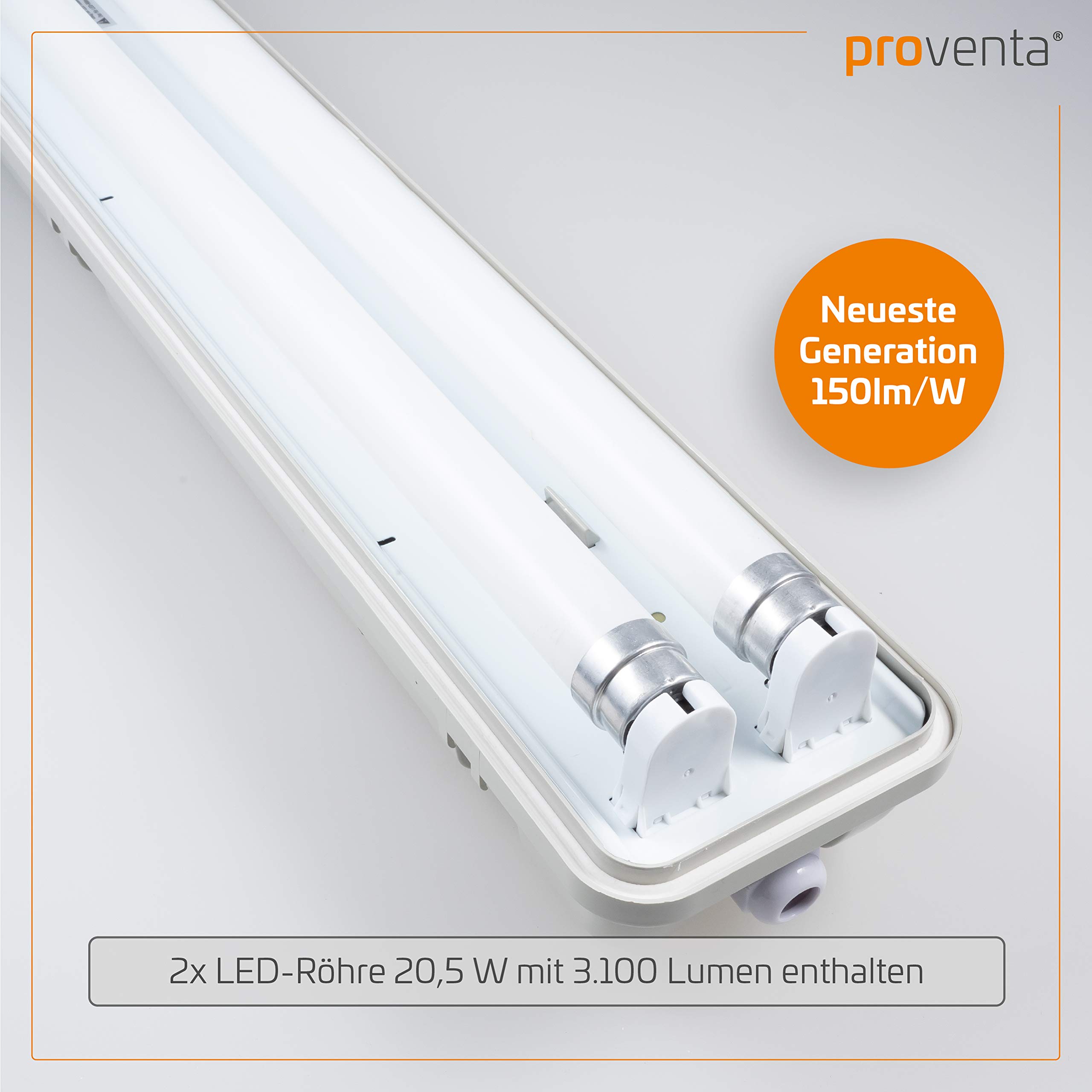 Proventa Feuchtraumleuchte mit 2 LED-Röhren 150 cm, 33 W, 6.120 Lumen, 4.000 K, IP65, 50.000h, IK08, Kunststoff grau, Flackerfrei