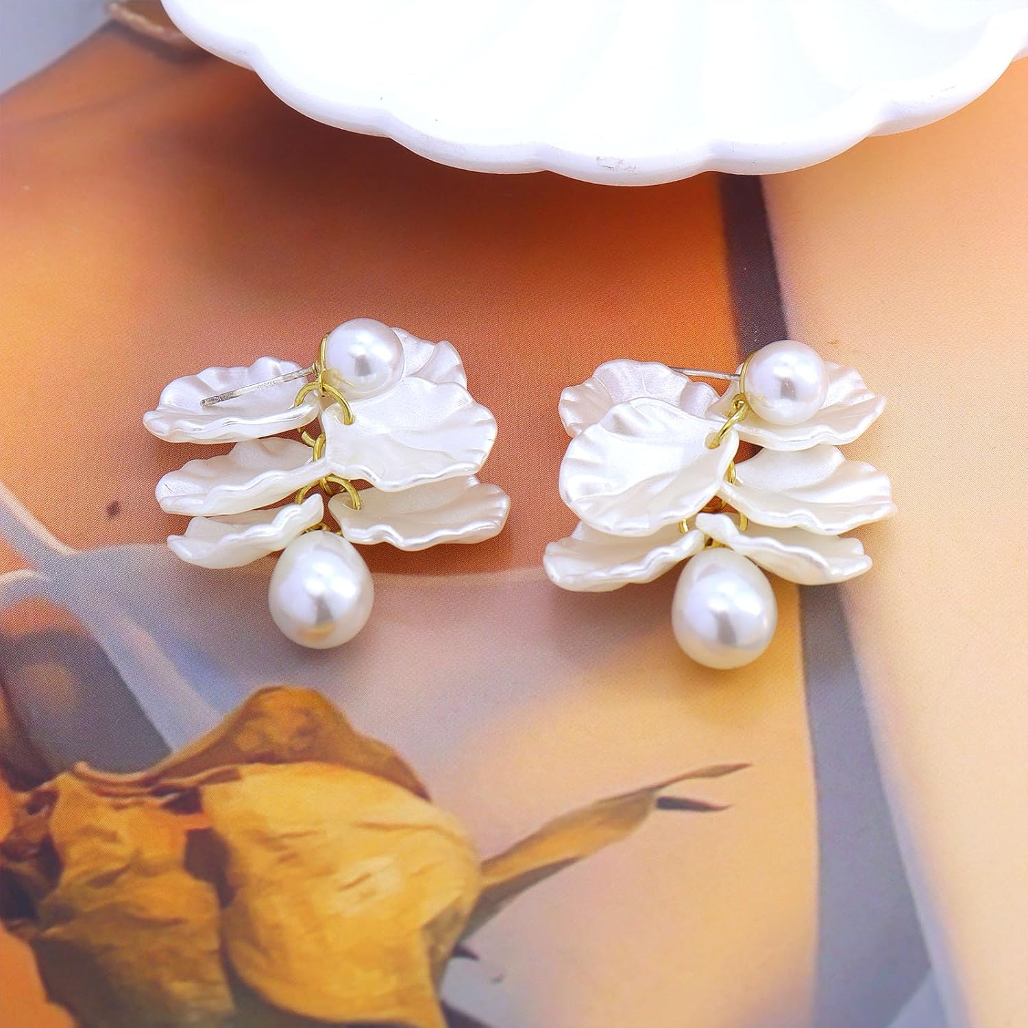 White Flower Dangle Earrings for Women,Gracefule Long Pearl Drop Earrings, Trendy Gold Dangling Earring,Dainty Petal Earring Brides Floral Jewelry - Image 6