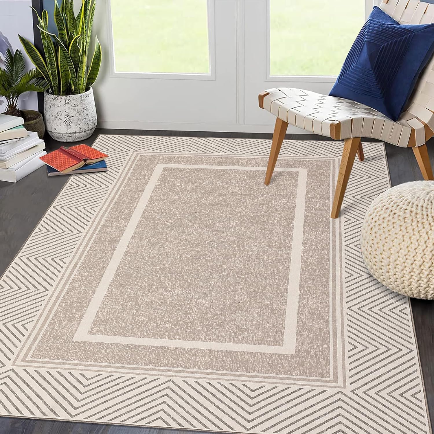COZYLOOM Modern Bordered Area Rugs 9x12 Non Slip Washable Rugs for Living Room Ultra-Thin Low Pile Floor Carpet Farmhouse Non-Shedding Carpet Accent Rug for Bedroom Dining Room Dorm Home Office Brown