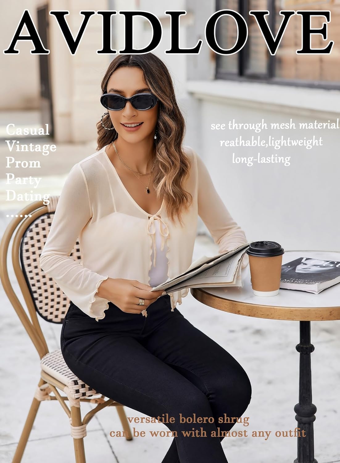 Avidlove Womens Sheer Shrug Tie Front Long Bell Sleeve Mesh Bolero Lightweight Summer Casual Short Shawl Top - Image 4