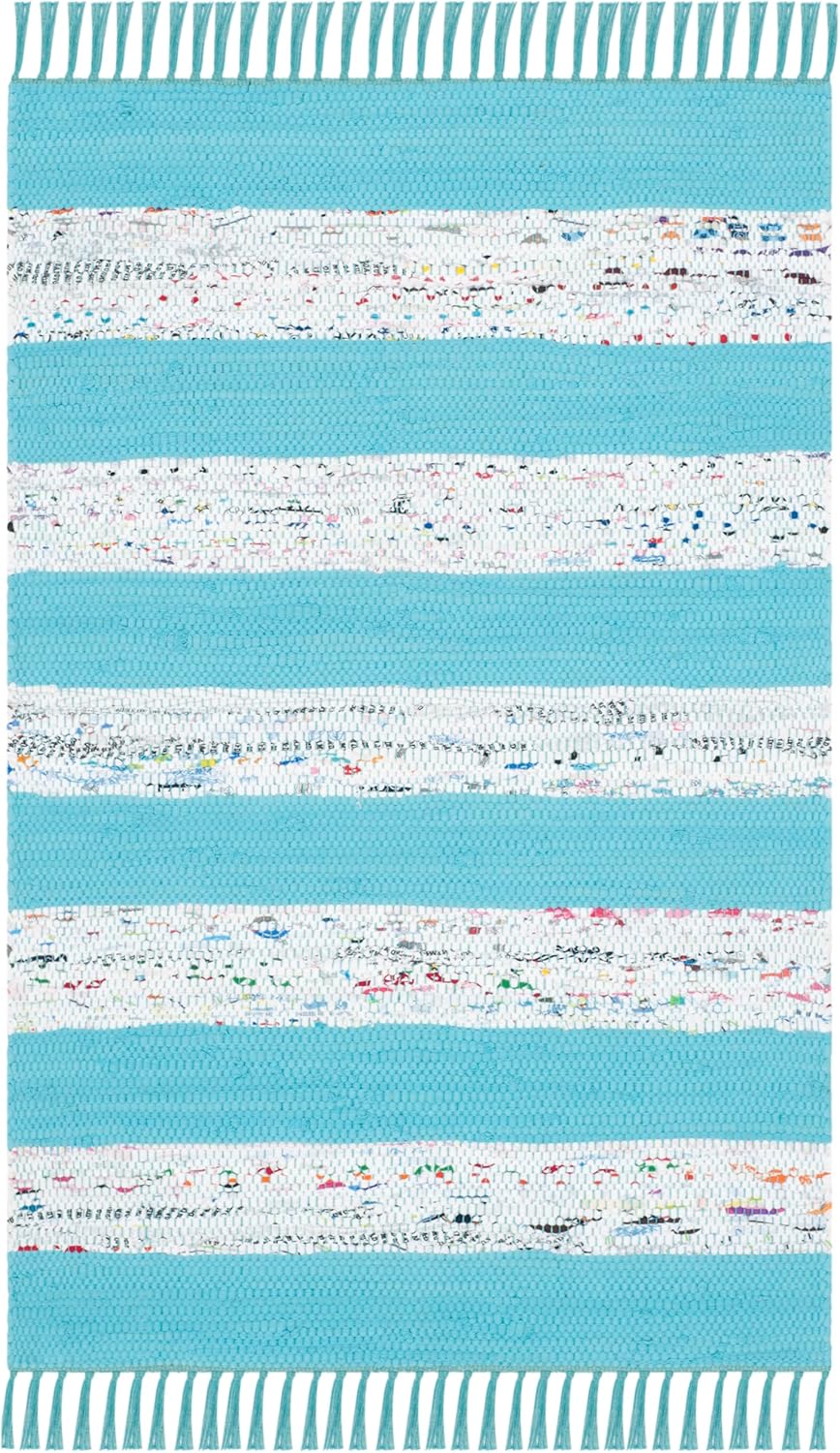 SAFAVIEH Montauk Collection Accent Rug - 2'6" x 4', Ivory & Turquoise, Handmade Stripe Fringe Cotton, Ideal for High Traffic Areas in Entryway, Living Room, Bedroom (MTK720C)