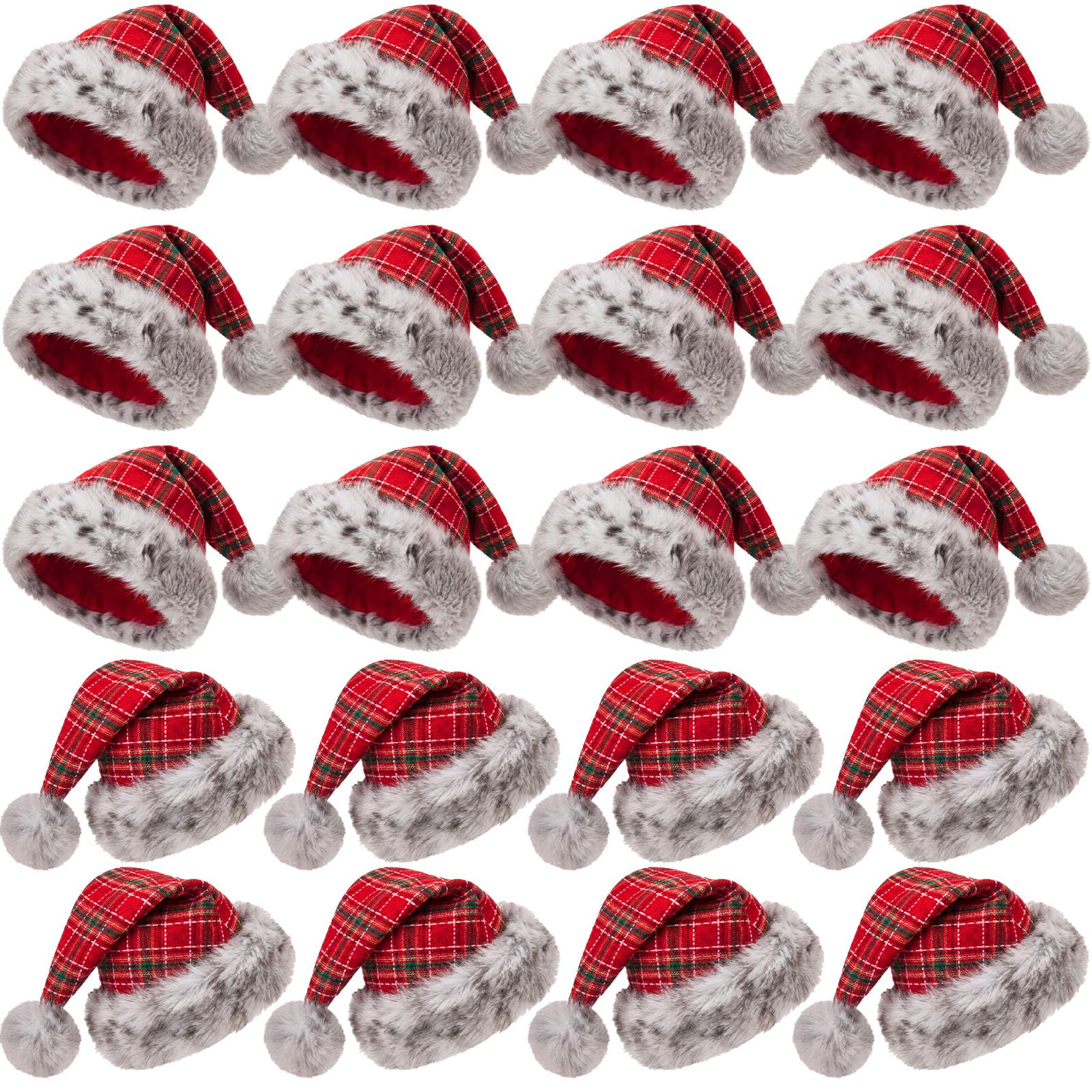 Vicenpal 20 Pcs Santa Hats Bulk for Adults, Red White Grey, Plaid