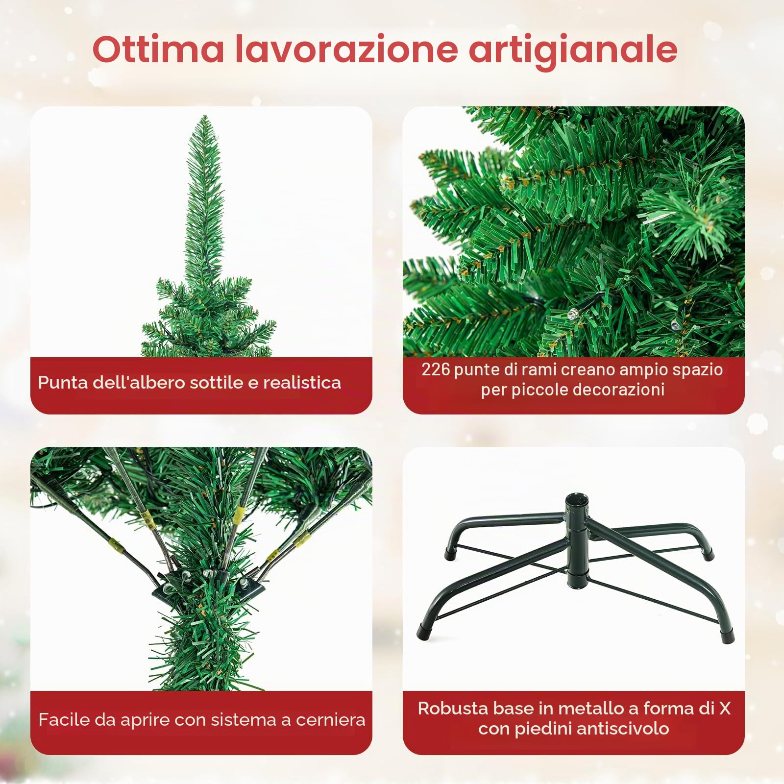 KOMFOTTEU Albero di Natale Artificiale 135/200/225 cm, Albero di Natale con Luci LED Incorporate e Supporto in Metallo, Christmas Tree con Rami in PVC, per Casa, Negozio, Ufficio, Feste (S)