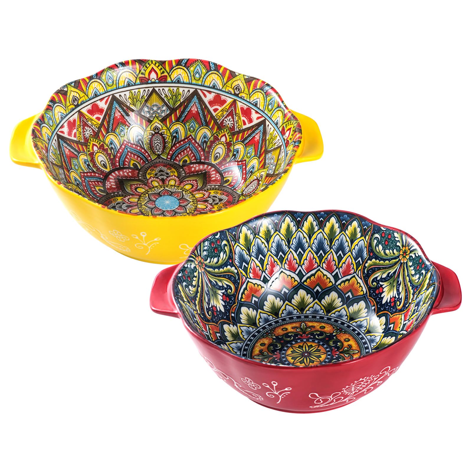 Henten Home Salad Bowl with Handle, Large Porcelain Serving Bowls Set of 2-49 Oz, 1450ml Bohemian Ceramic Bowl for Ramen/Soup/Fruit/Salad, Colourful Bowl Set - Bohemian Style