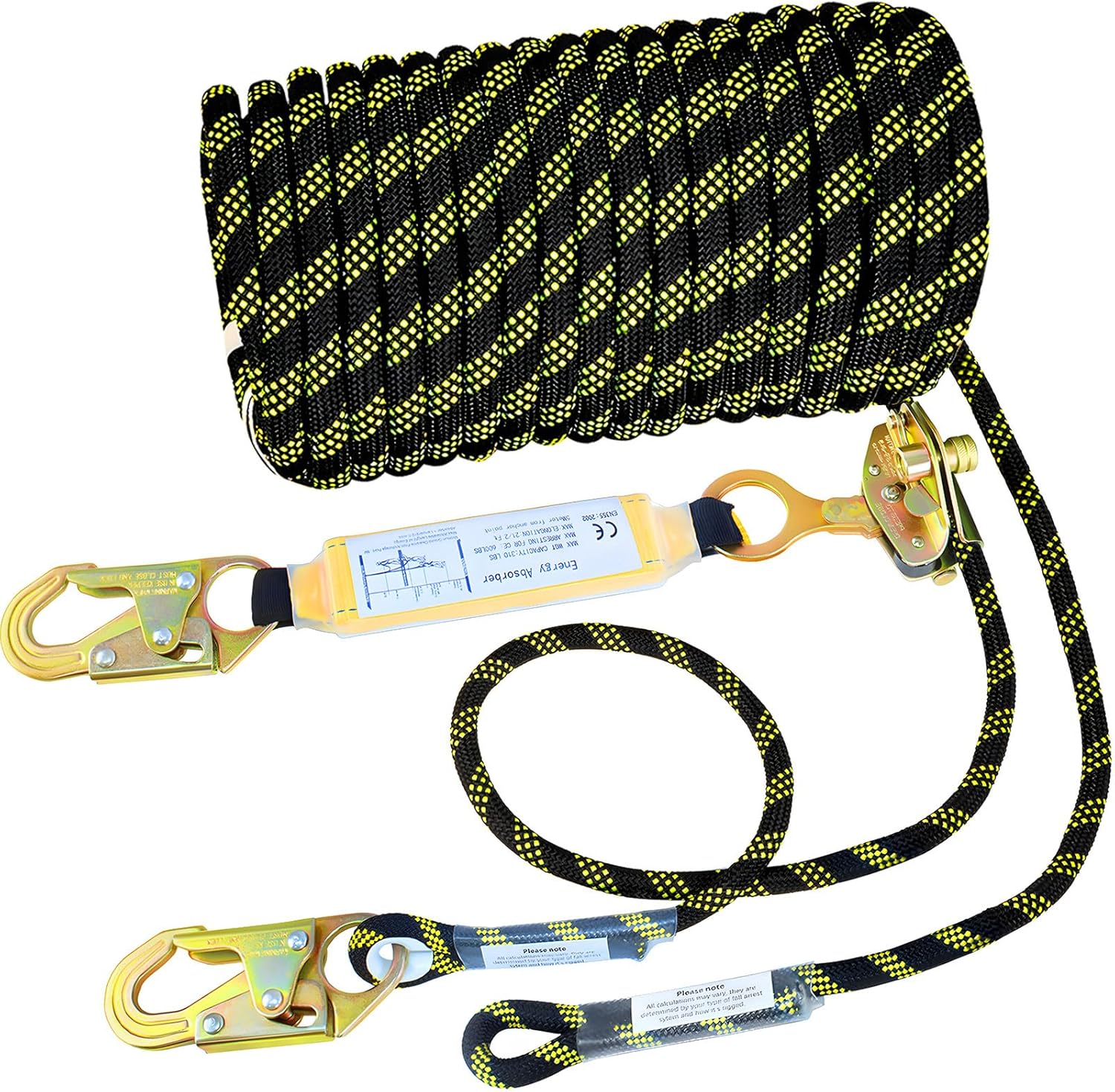 25FT Vertical Lifeline Assembly, Heavy Duty Fall Protection Safety Rope with Rope Grab, Steel Snap Hooks & Shock Absorber, Roofing Safety Line Kit, ANSI CE