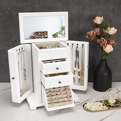 Miniatura 2 de Emfogo Joyero para mujer, cajas de joyería de madera rústica y organizadores con espejo, caja organizadora de joyas de 4 capas para anillos, aretes,