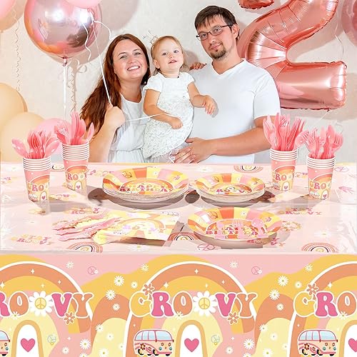 Miniatura 5 de Juego de vajilla de 189 piezas para fiesta de cumpleaños, Groovy Boho Hippie Daisy Mantel para 24 invitados, platos de postre, tazas y servilletas