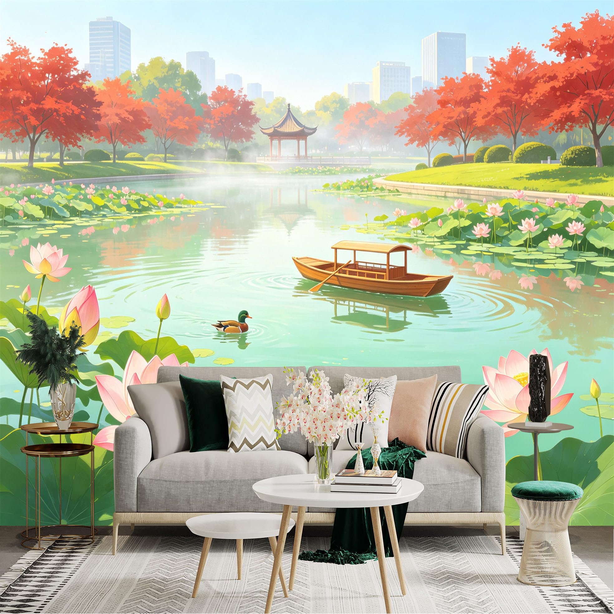 Custom Size Wall Sticker Mural， Oriental Pond with Lotus Flowers， Wooden Boat and Ducks， Serene Park Landscape， for wall Decoration， peelandstick wall Decals.