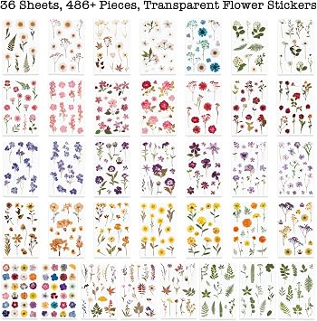 Knaid Pressed Flower Themed Stickers (Assorted 486 Pieces, 36 Sheets) Dried Floral Resin Stickers Decals Botanical Journaling Sticker for Scrapbook Supplies Junk Journal Bullet Journal Planner Laptop