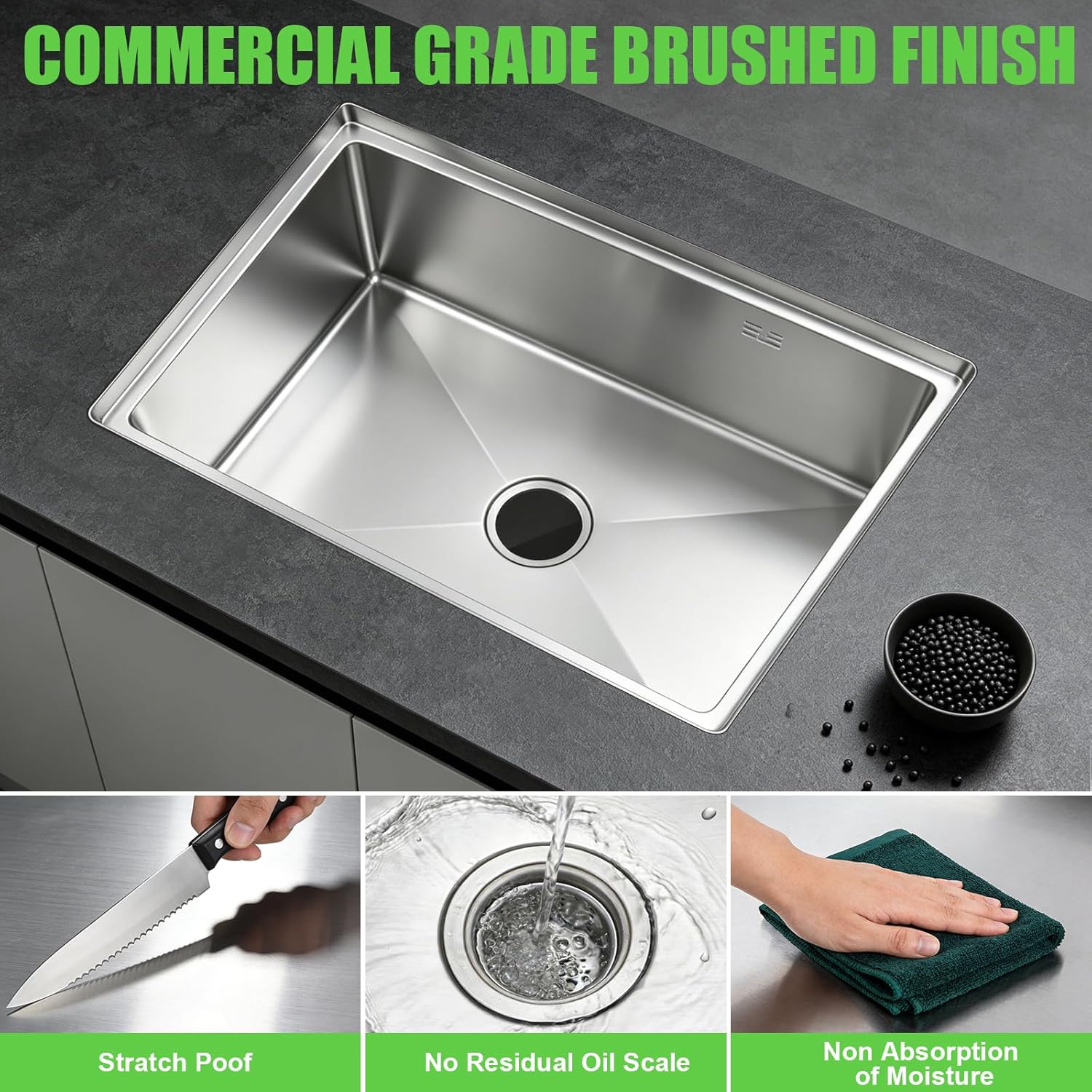 Undermount Kitchen Sink Workstation - 304 Stainless Steel Single Bowl Sink with Cutting Board, Roll-Up Drying Rack, Colander, Bottom Grid & Drain Assembly, Deep Drop-In for Kitchen Renovation
