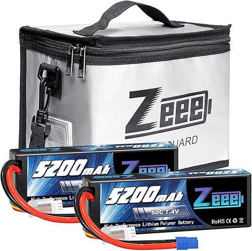 Zeee 2S Lipo Battery 5200mAh 7.4V 50C Estuche rígido Batería EC3 Conector 2 baterías con 1 bolsa de seguridad Lipo Bolsa ignífuga a prueba de