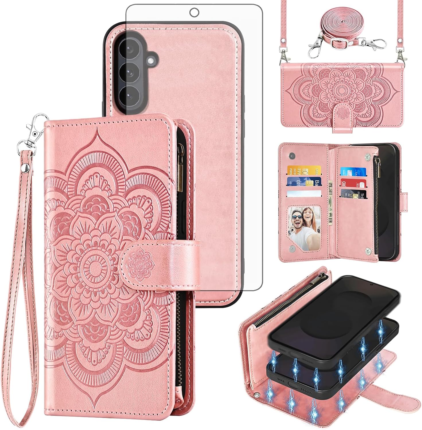 Asuwish Phone Case for Samsung Galaxy S25 FE 5G Zipper Wallet Detachable Cell Cover with Tempered Glass Screen Protector Crossbody Strap Flower Card Holder S 25 EF S25FE 25S 25FE Women Girls Rose Gold