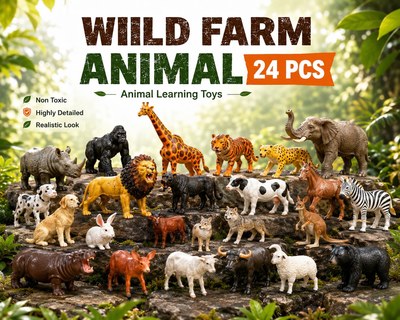 Wild & Farm Animal Figures Set for Kids - 24 Toys -2