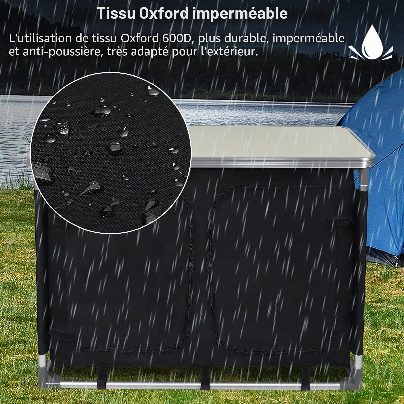 FIVMEN Armoire de camping pliable avec armature en aluminium et compartiments de rangement - Armoire de cuisine de voyage - Armoire de tente - Accessoires de camping pour l'extérieur et la cuisine