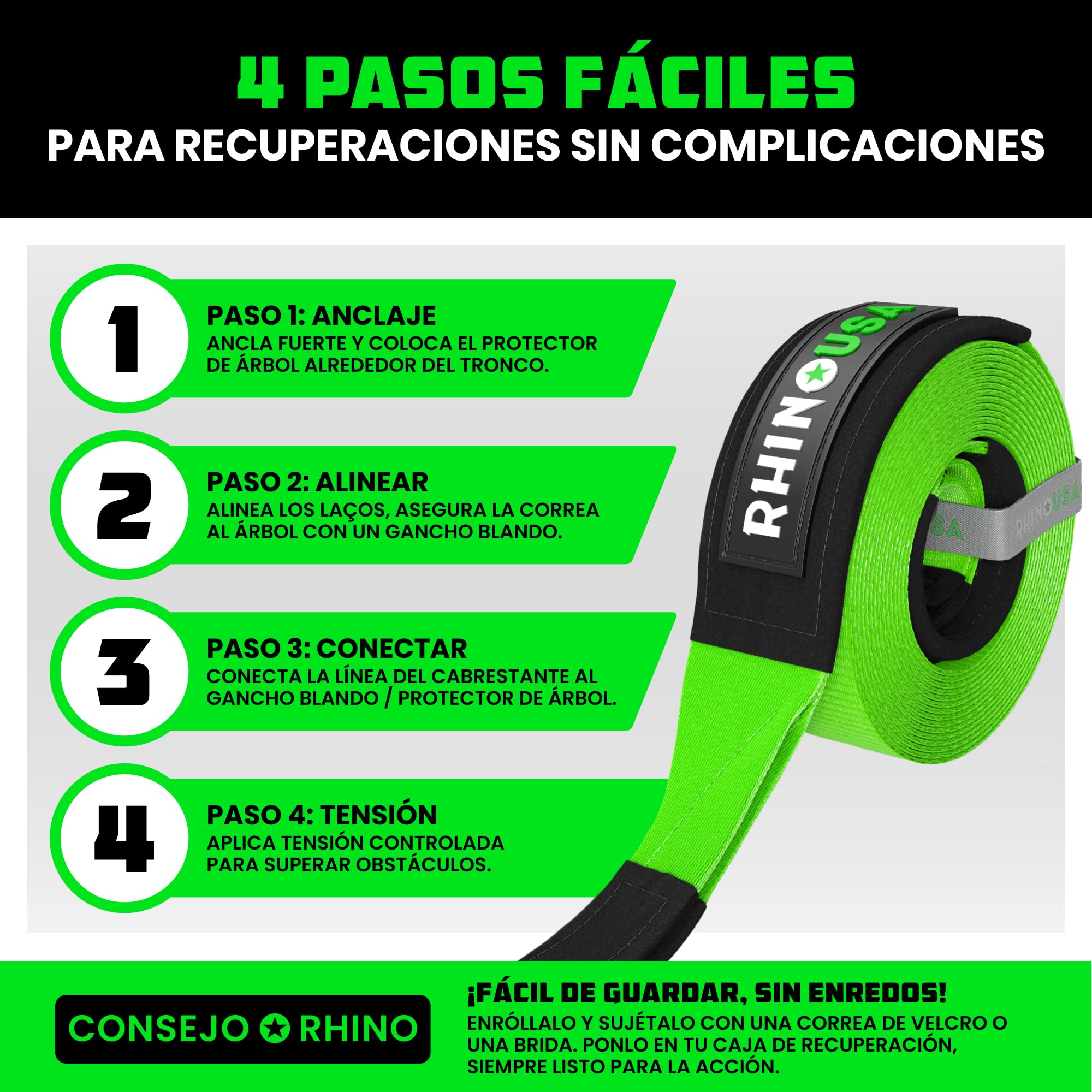 Rhino USA Cuerda de Remolque y Recuperación - Correa para Remolcar Desde Árbol 7.6 cm x 2.4 m - con Resistencia a Rotura de 13,600 kg - Extremos en Bucle Triple Refuerzo - Verde