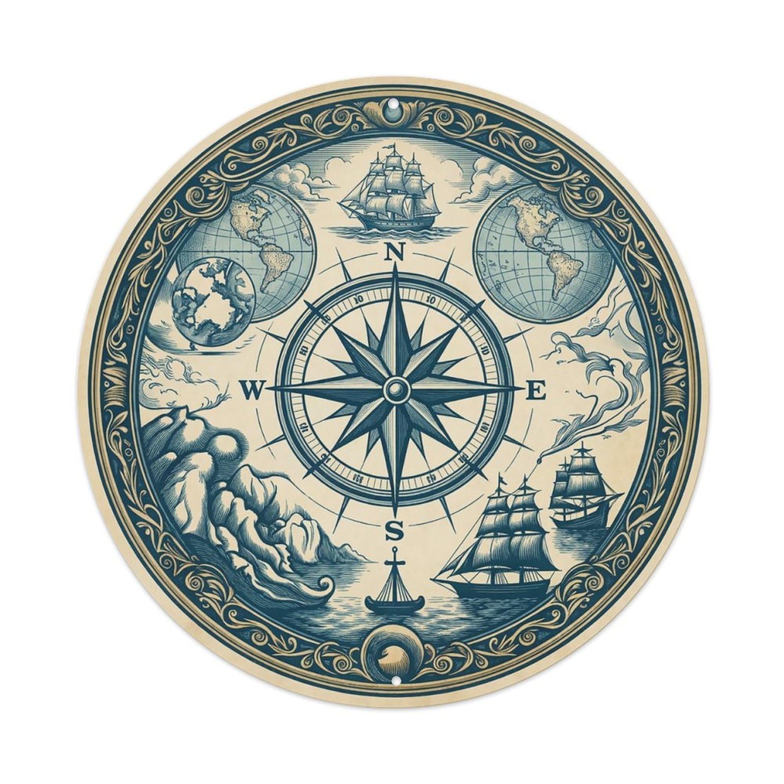 Vintage Nautical Compass World Map Passage Chronicle Metal Tin Sign