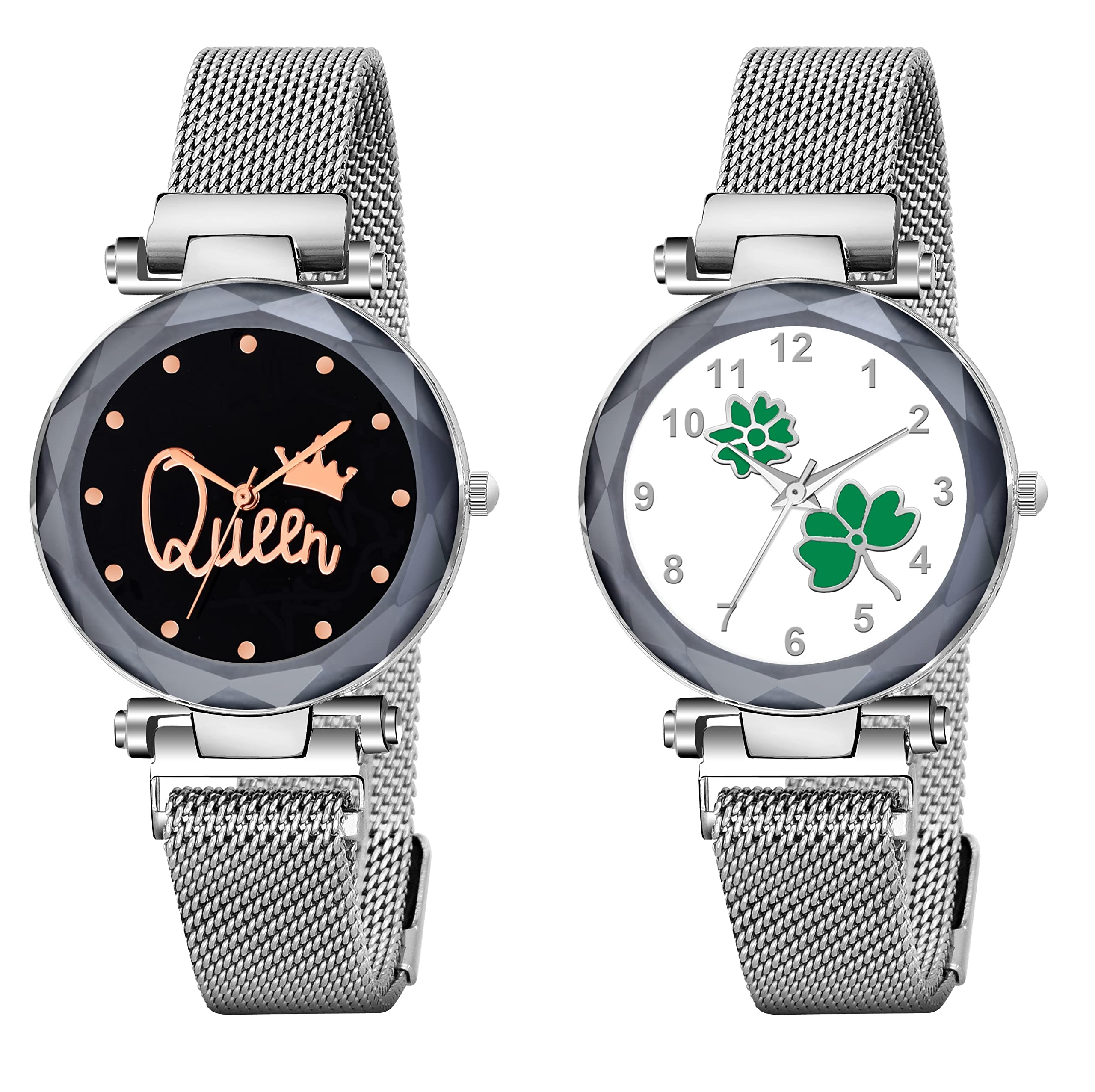 KIARVI GALLERY Analogue Queen and Flowered Dial Magnetic Strap Combo Girls and Womens Watch (Silver-Green) (B0B4368B1Y) Amazon Price History, Amazon Price Tracker