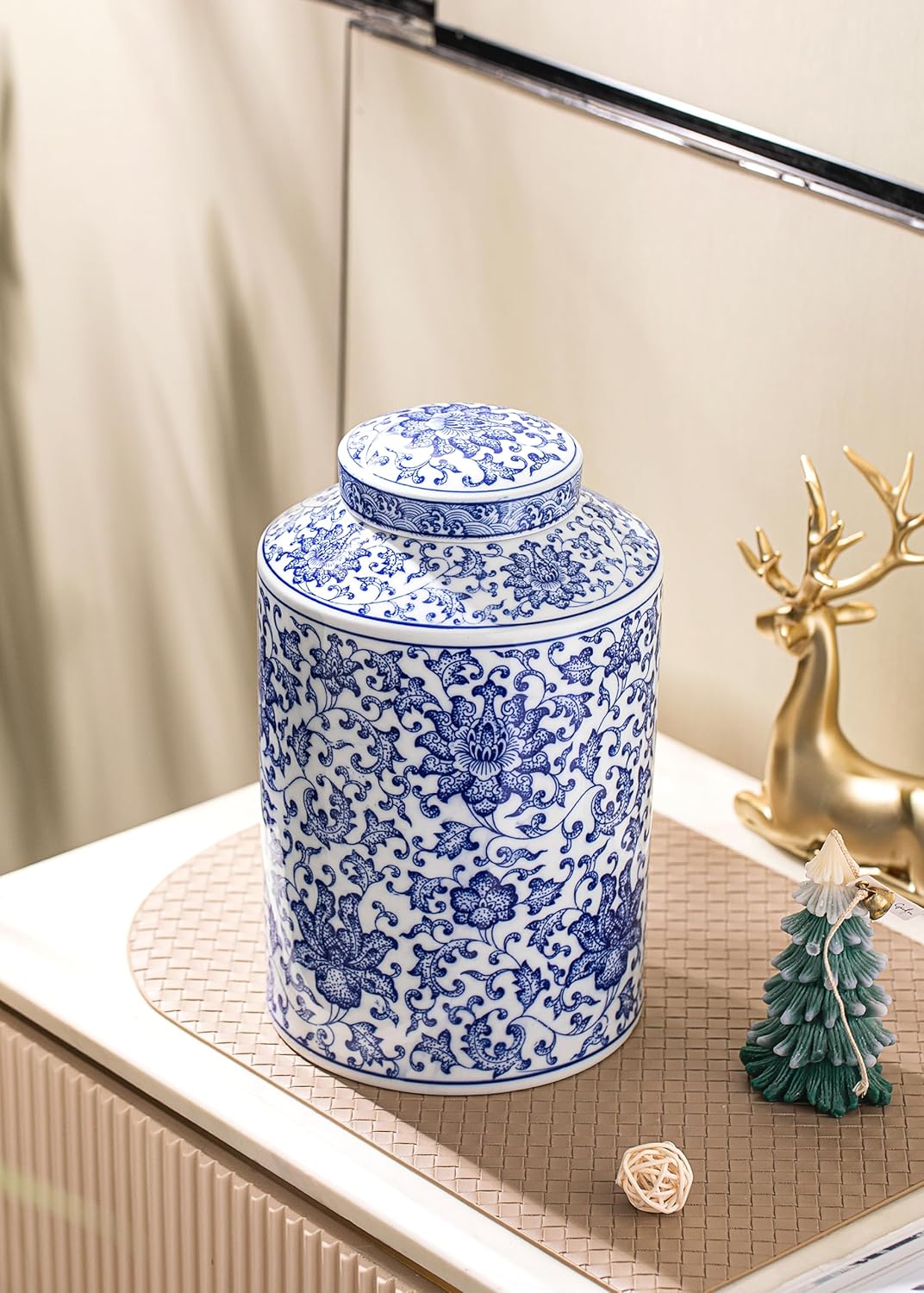 Blue and White Ginger Jar, Ceramic Chinoiserie Decorative Jars for Home, Office, Flower Vase Pocelain, Glossy Vase for Table, Living Room, Bookshelf, Mantle Fireplace, Centerpieces 11"