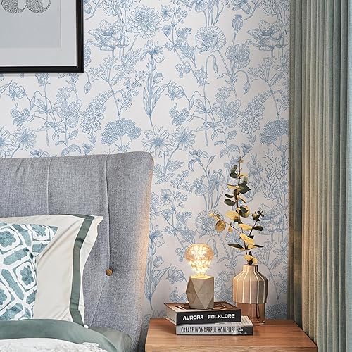Miniatura 9 de EeeComing Papel tapiz floral para despegar y enfermar, papel de contacto bohemio, moderno, blanco y azul, papel de pared autoadhesivo extraíble para