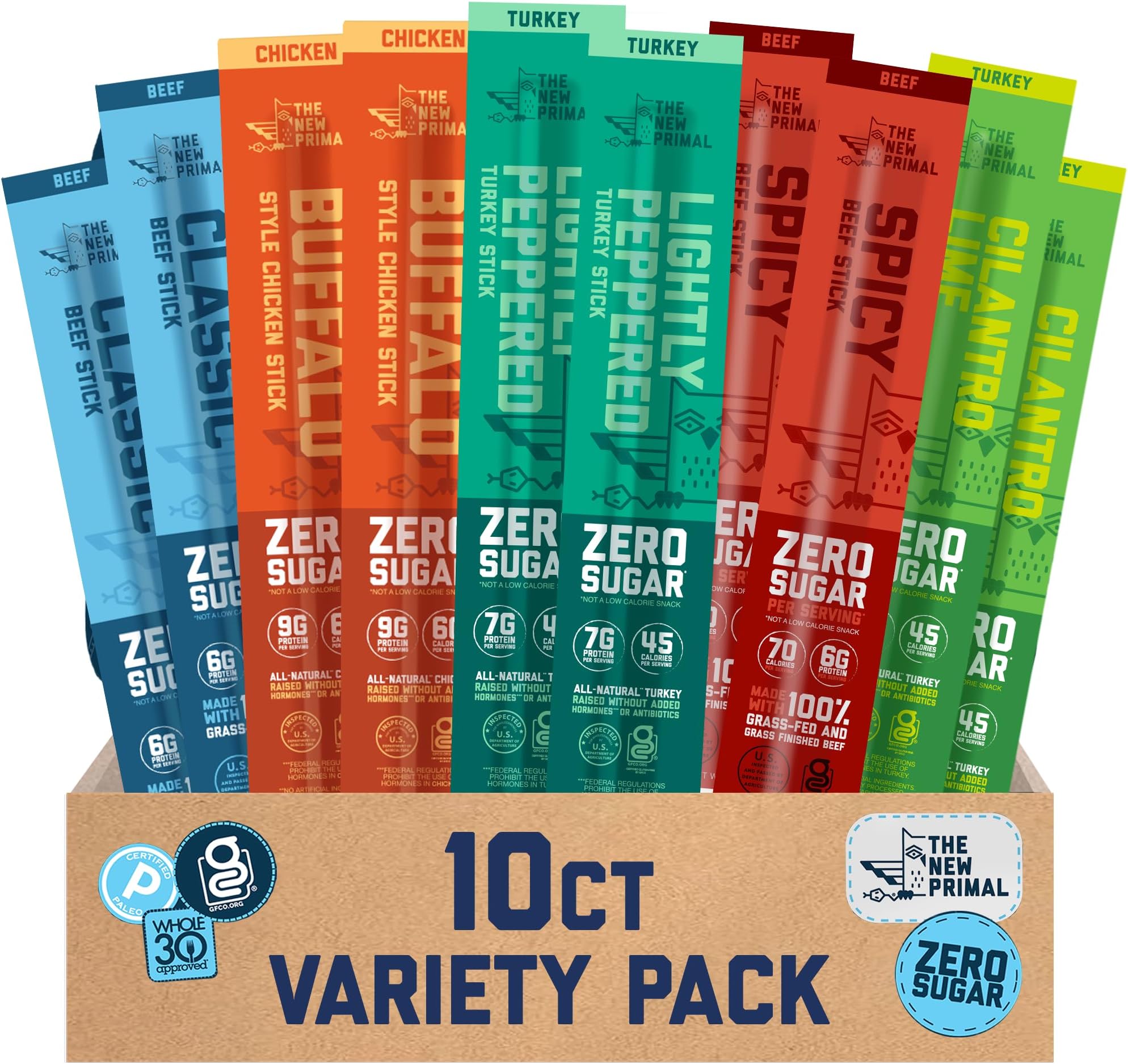 New Primal Meat Sticks Sampler, Grass-Fed Beef, All Natural Chicken and Turkey, Keto & Gluten Free Healthy Snacks for Adults, Sugar Free Low Carb High Protein Snack, Variety Pack, 10 Count