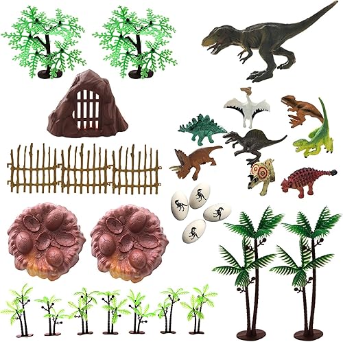 Juego de juguetes de dinosaurios de 30 piezas, figuras de dinosaurios de plástico, árboles y rocas de dinosaurios realistas, huevos y nido de