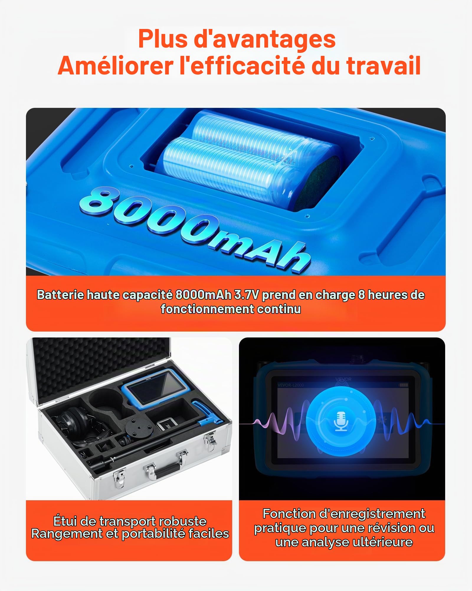 VEVOR Détecteur de Fuite d'eau Canalisations Souterraines d'Extérieur Profondeur 5 m, 1-10000 Hz, Écran Tactile LCD, avec Capteur Moyen, 3 Sondes d'Écoute, Casque, Étui de Transport, pour Plomberie