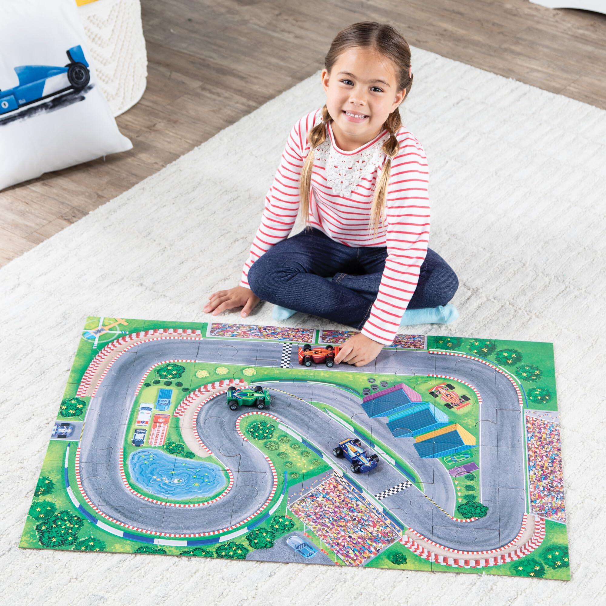 Peaceable Kingdom Puzzle & Play: Race Day - Floor Puzzle for Kids Ages 3 and Up - Includes 3 Wooden Vehicles to Zoom Around The Race Track Puzzle for a Double Dose of Fun - Measures 26" x 36" - Image 6