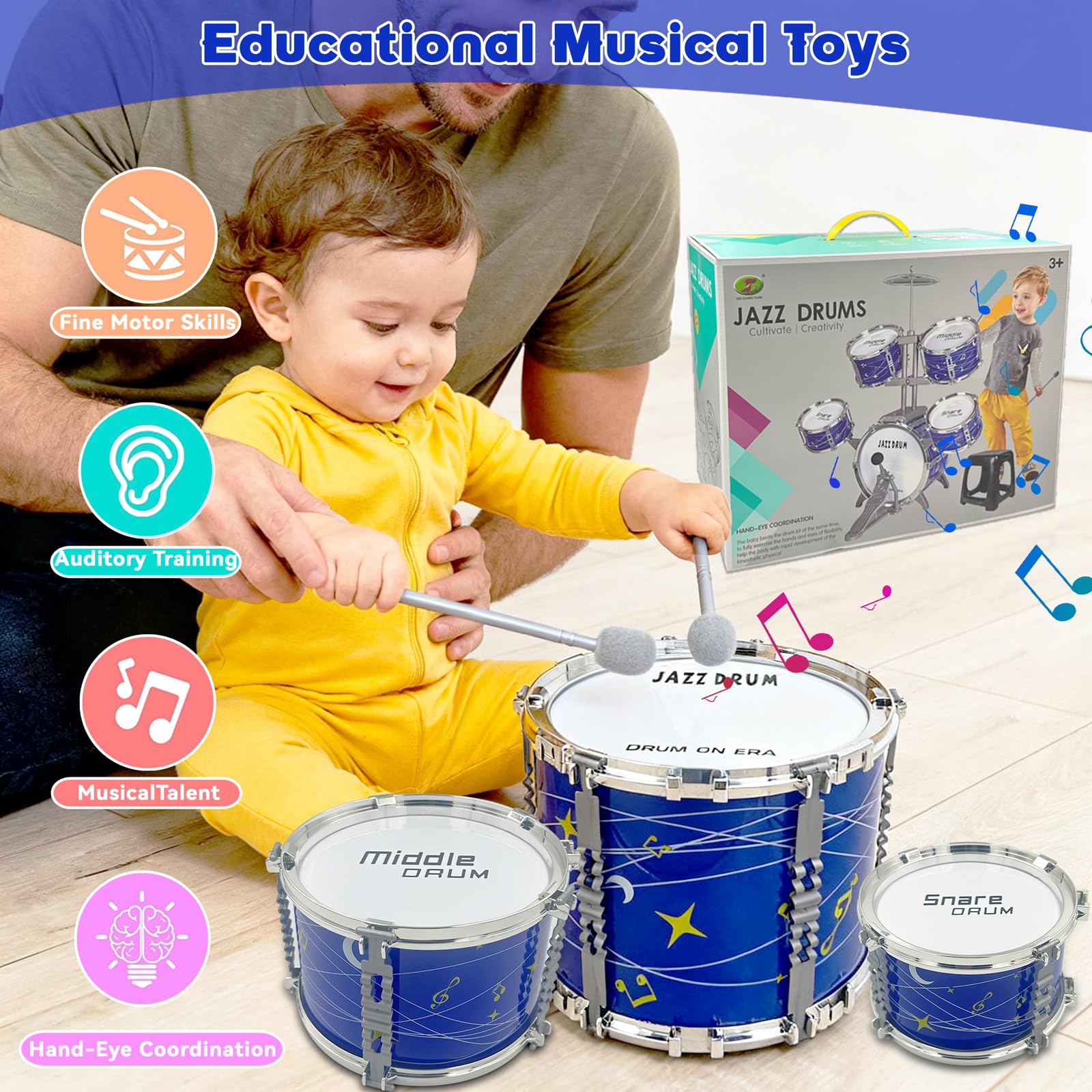 Kids Drum Set for Toddlers 3-5, Upgraded Jazz Drum Ages 1-3, Musical Instrument Toys & All Plastic, Percussion Beginner Kit Early Education Christmas Birthday Gift Toys for 3 4 5 6 Year Old Girls Boys - 4