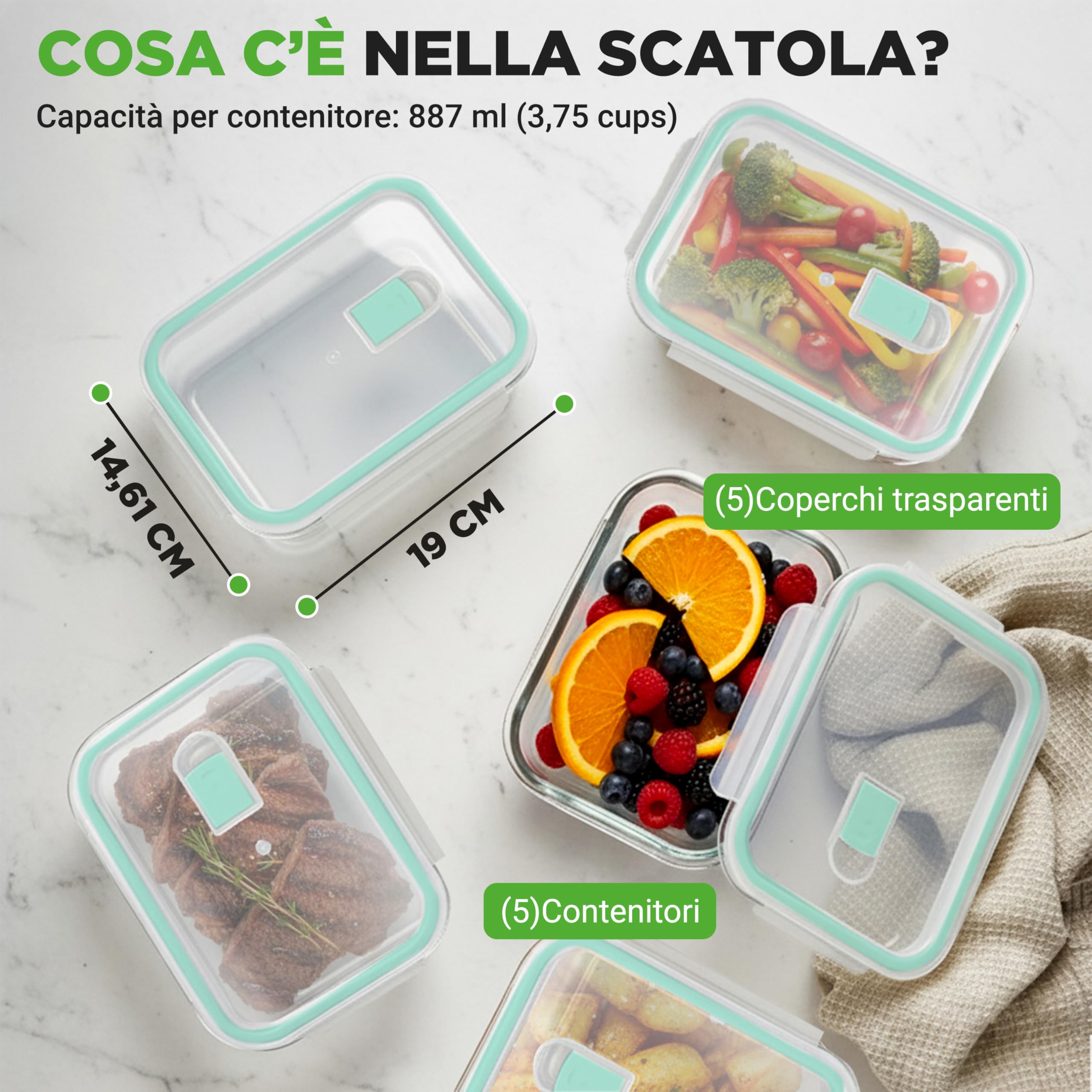 Nutrichef Contenitori Vetro per Alimenti 10 Pezzi (5 Contenitori + 5 Coperchi Ermetici), per Dolci, Verdura, Pomodoro, Frutta, Pasta e Cereali, senza BPA, Resistenti al Freezer/Forno, Verde