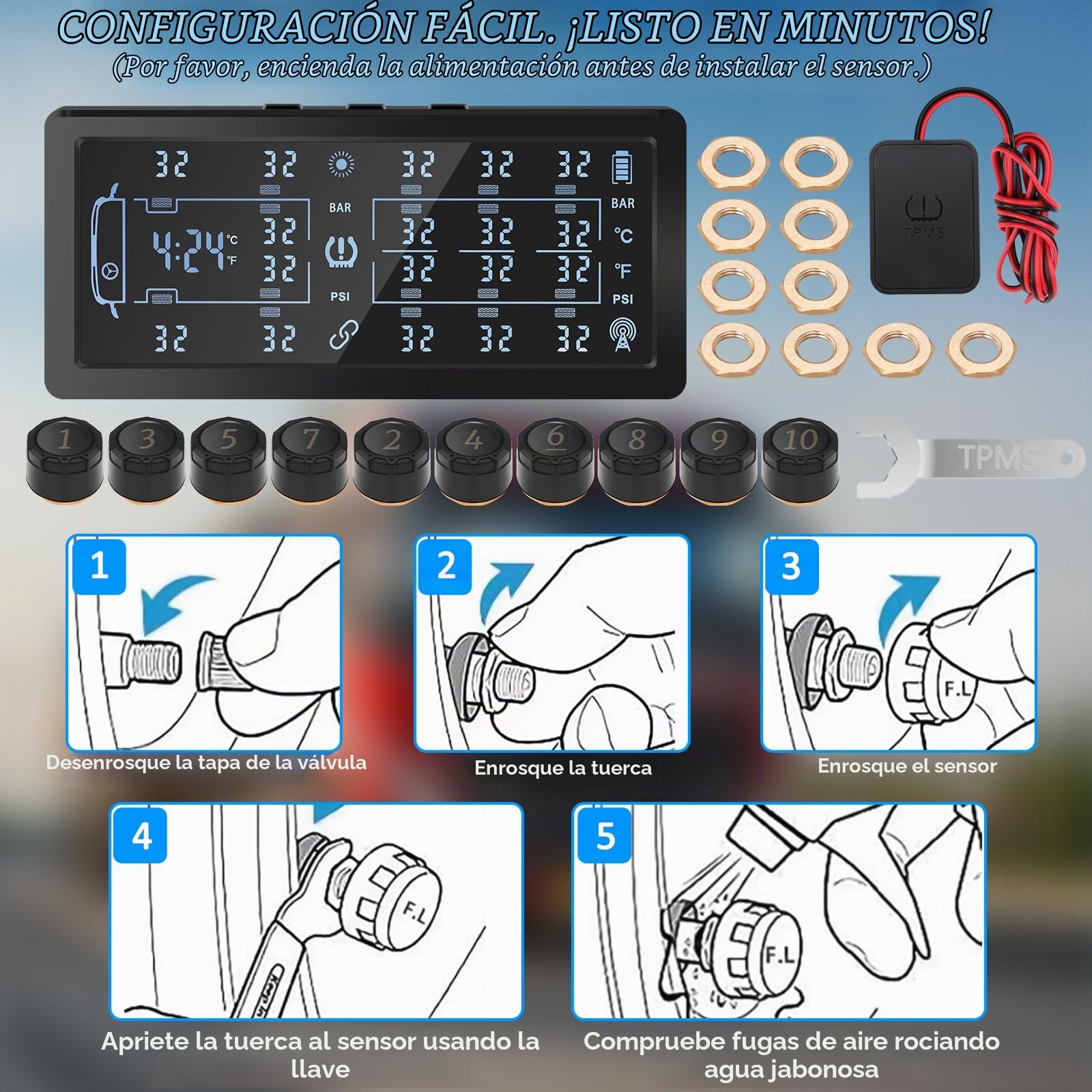 KAOLALI Sistema de Control de Presión de Neumáticos para Remolques,0-188PSI | TPMS con 10 Sensores, Carga Solar y USB, Pantalla en Color de 7", Detección a Larga Distancia, para Camiones y Autocaravanas