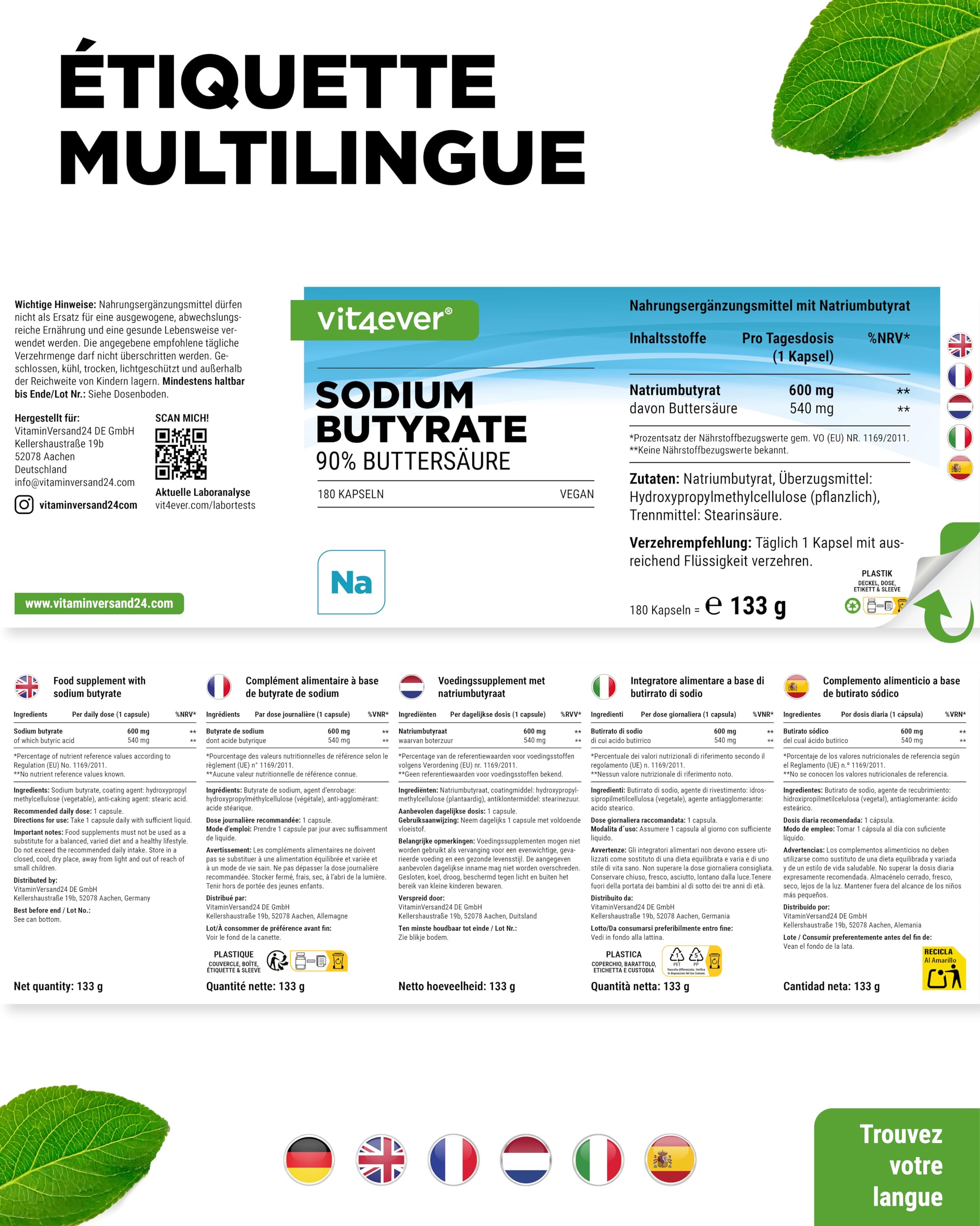 Butyrate de sodium - 180 gélules de 600 mg - Premium : 90% d'acide butyrique - Butyrate de sodium pur sans additifs indésirables - Hautement dosé, végétalien