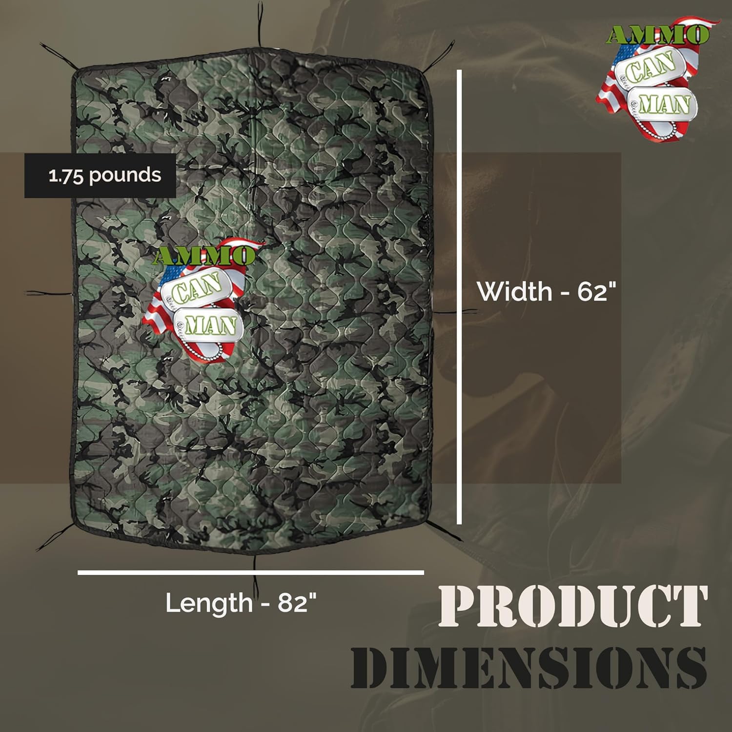 Woobie Poncho Liner - Quilted Nylon Tactical Blanket w/ 8 Pairs of Tie Cords - Woodland Camouflage Insulated Poncho Blanket for Men & Women - 82' x 62' x 0.1'