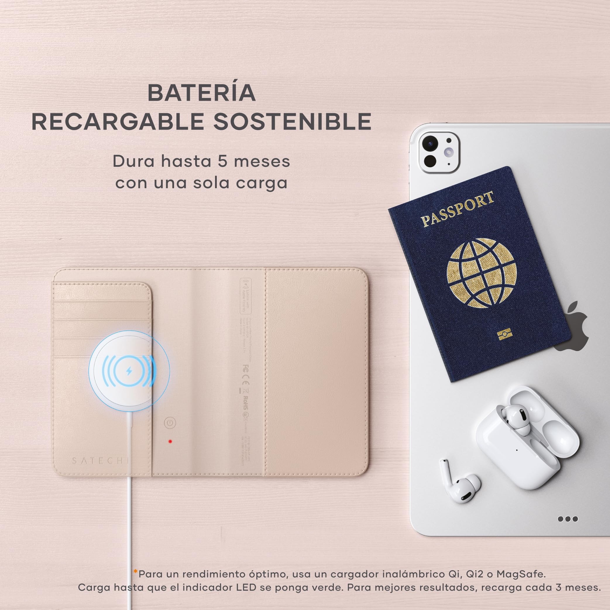 SATECHI FindAll Funda Pasaporte para Viaje con Find My con 4 Slots para Tarjetas, Carga Inalámbrica y Protección RFID, Compatible con App iOS Buscar, Material Premium (PU) - Rose