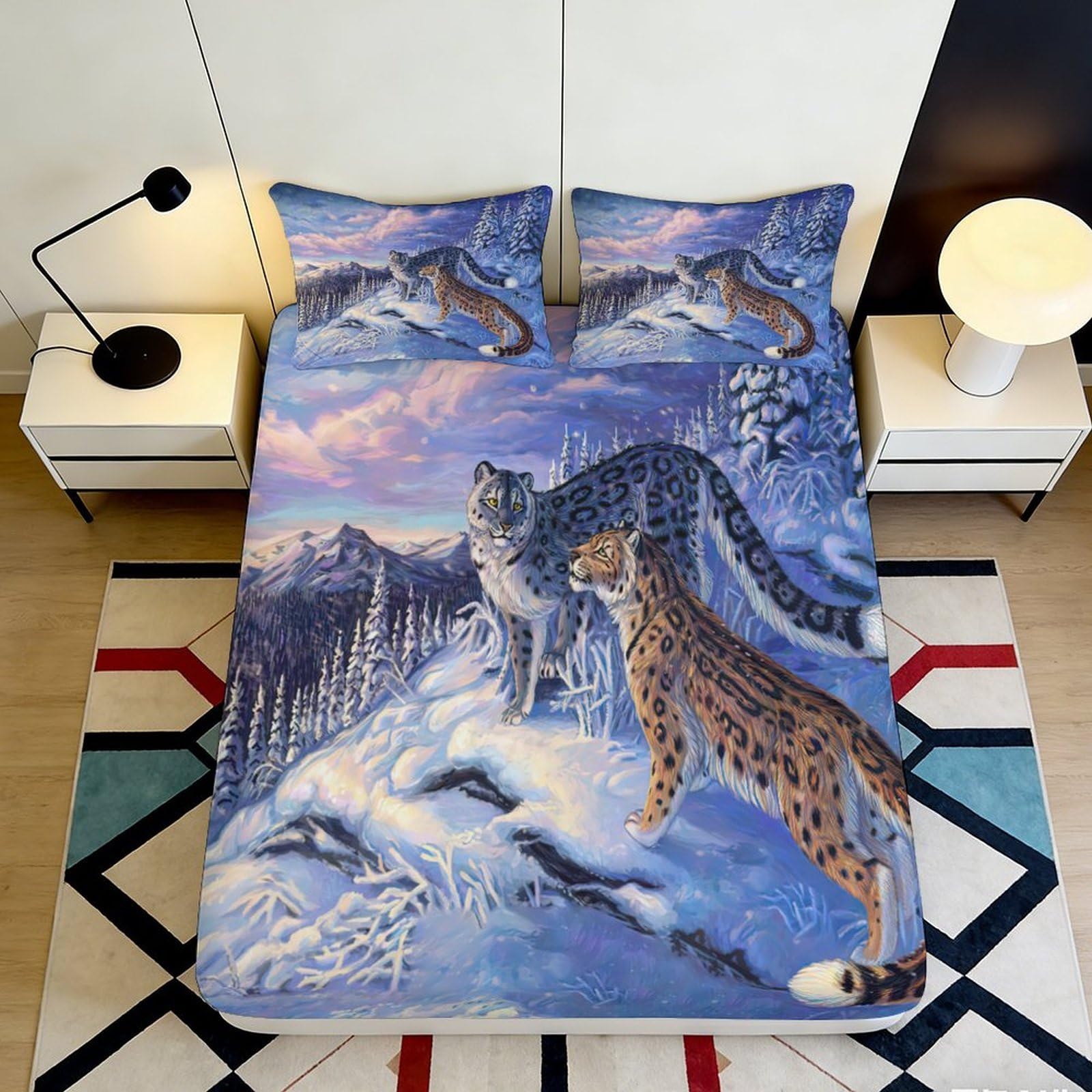 3D Printed Snow Leopard Mountain Fitted Sheet Microfiber Soft Breathable Wild Lynx Bed Cover for Bedroom Dorm Mattress Decor 140x200x25cm