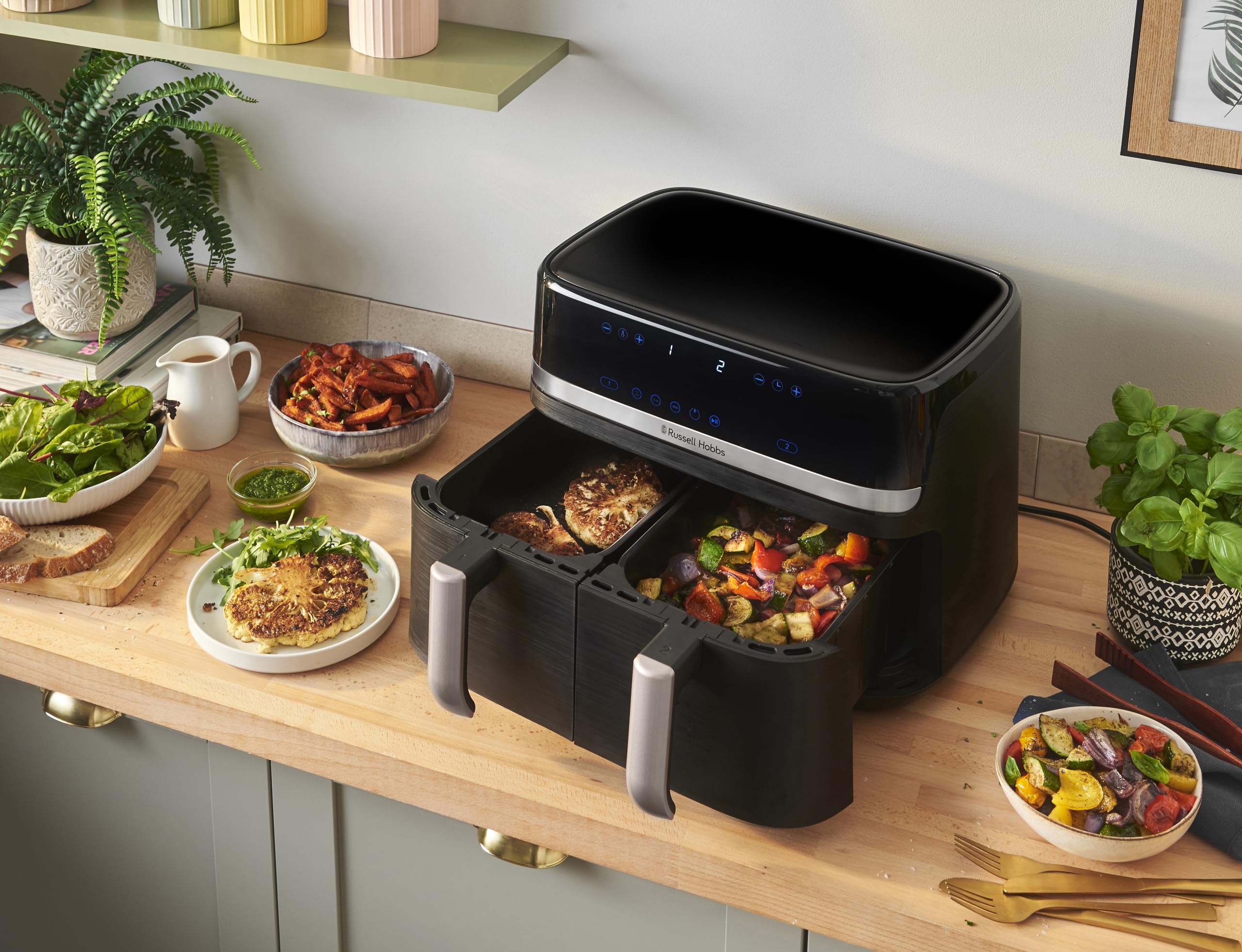 Russell Hobbs Heißluftfritteuse 2 Kammern 9L Rapid AirFryer [2 Fächer je 4,5l, sehr leiser Betrieb, 9 Programme] SatisFry Fritteuse (spülmaschinenfest, Match & Synchronisierungsfunktion) 27681-56