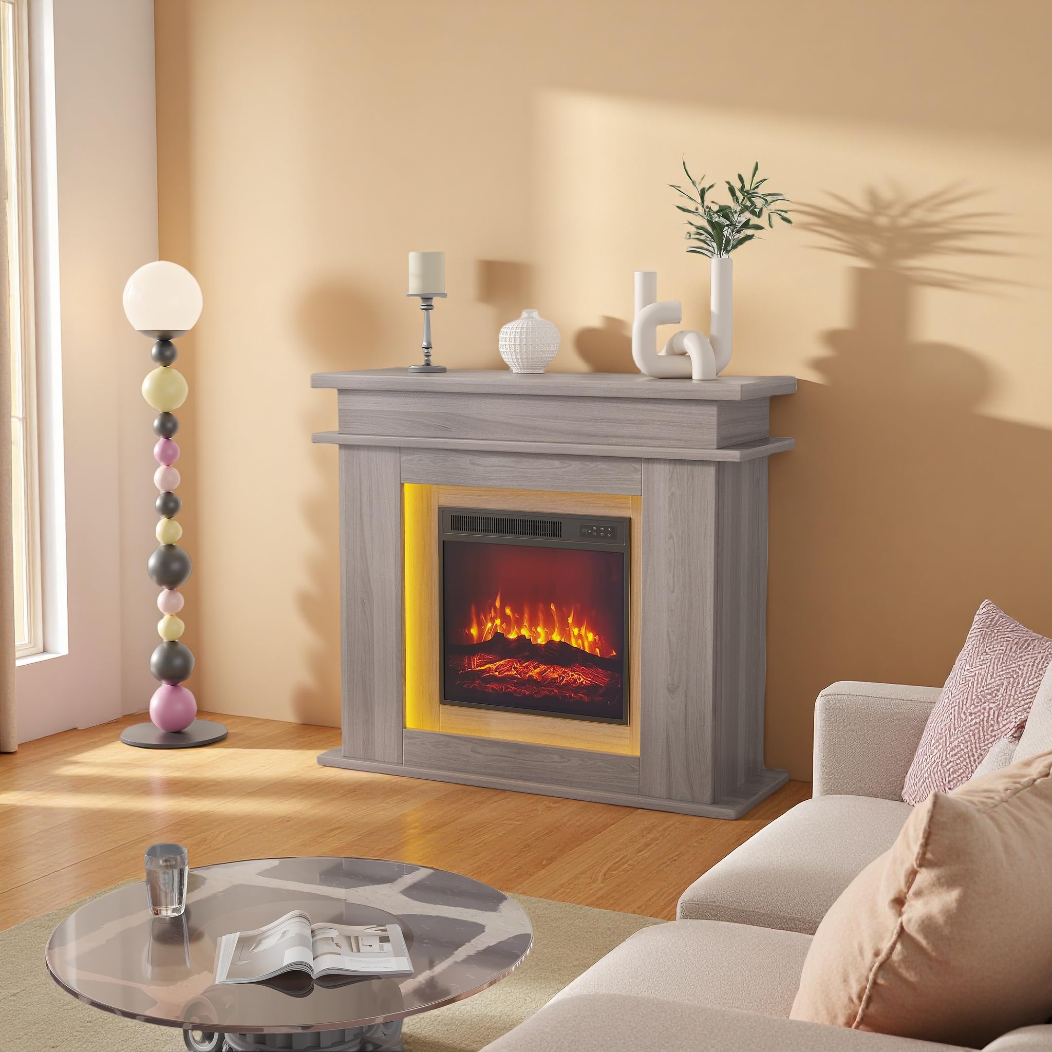 Camino elettrico da 40 cm con effetto LED 3D, effetto fiamma realistico con riscaldamento reagl, timer, striscia LED in 20 colori, telecomando (rovere)