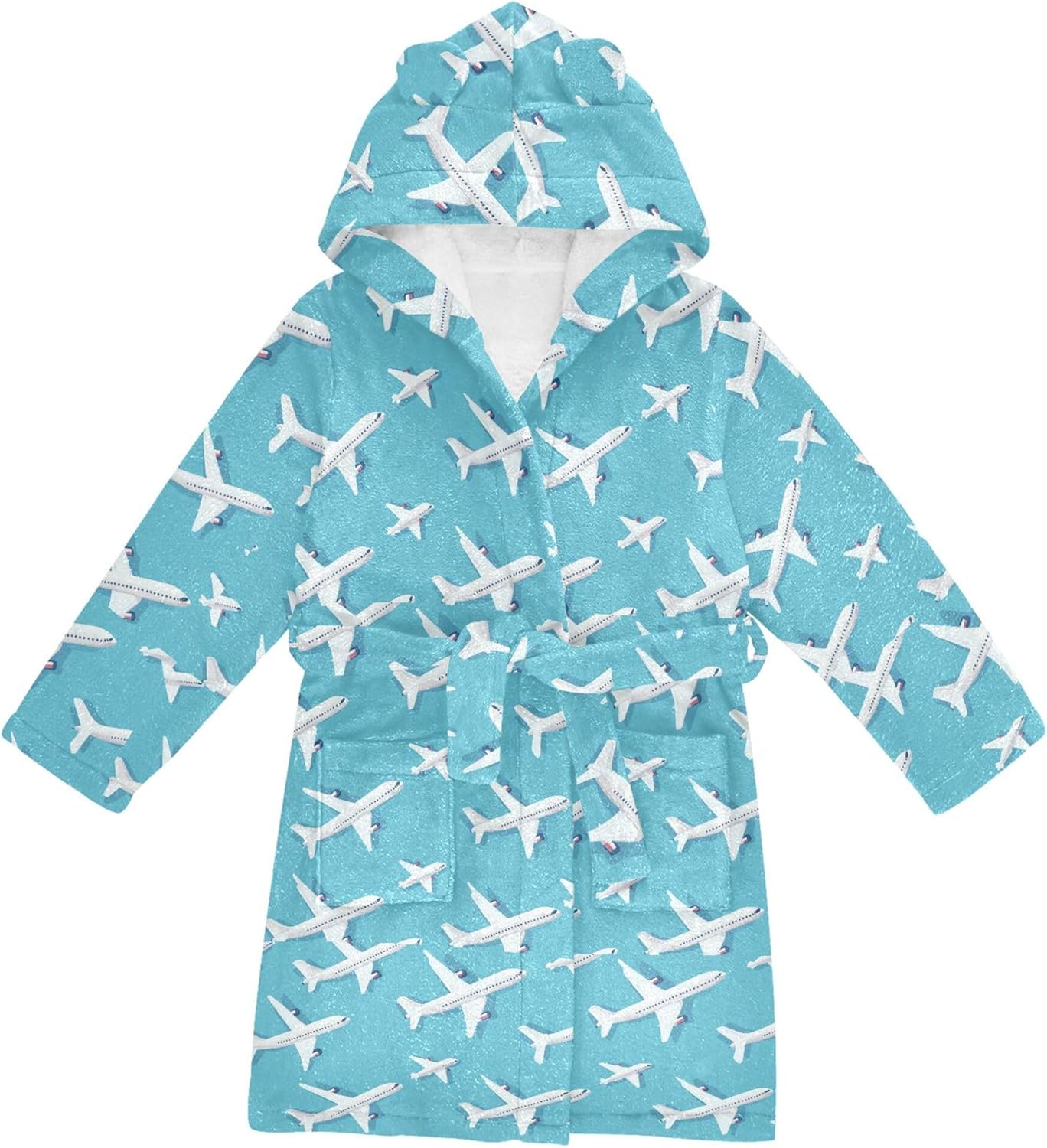 Aircraft Blue Plane Bathrobe Hooded PJ Robe Plush Fleece Robe Pajama Sleepwear 2-12 Years