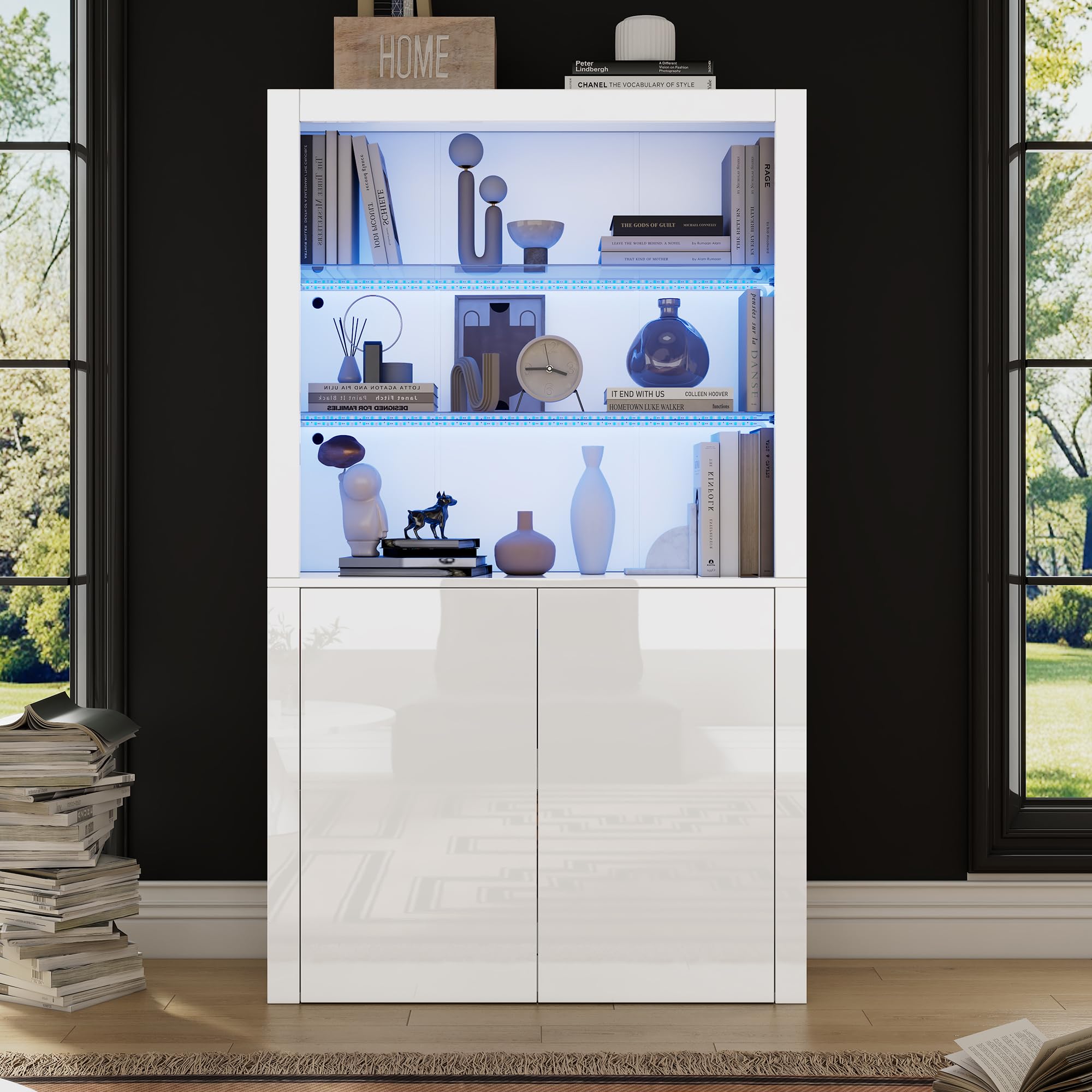 Vitrina Cristal Vitrina Salon con Luces LED y Separadores de Cristal, Vitrina Expositora con 2 Puertas, Armario de Colección Moderno, Armario Alto Multifunción, Vitrinas, 100x35x170 cm, Blanco