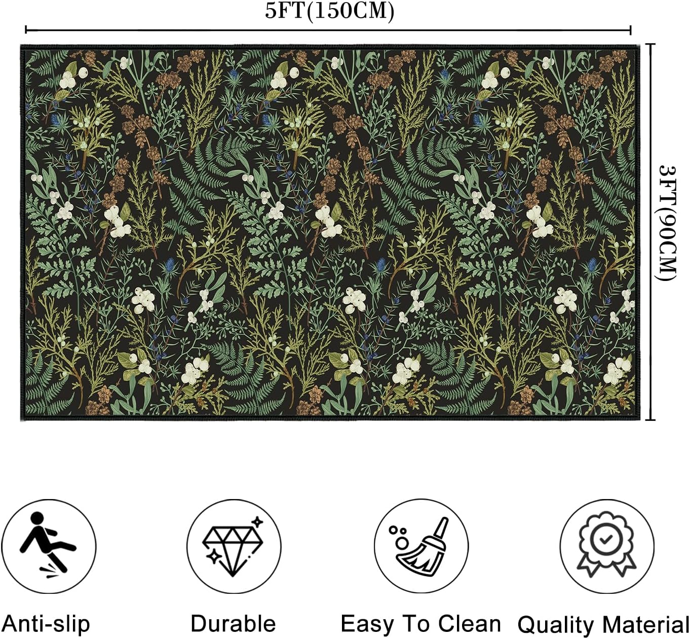 Black Green Area Rug 3x5,Botanical Print Bedroom Rugs,Ultra-Thin Washable Throw Carpet Plant Leaf Printed Entry Mat Indoor Non Slip Accent Floor Carpets for Bedroom,Living Room,Office