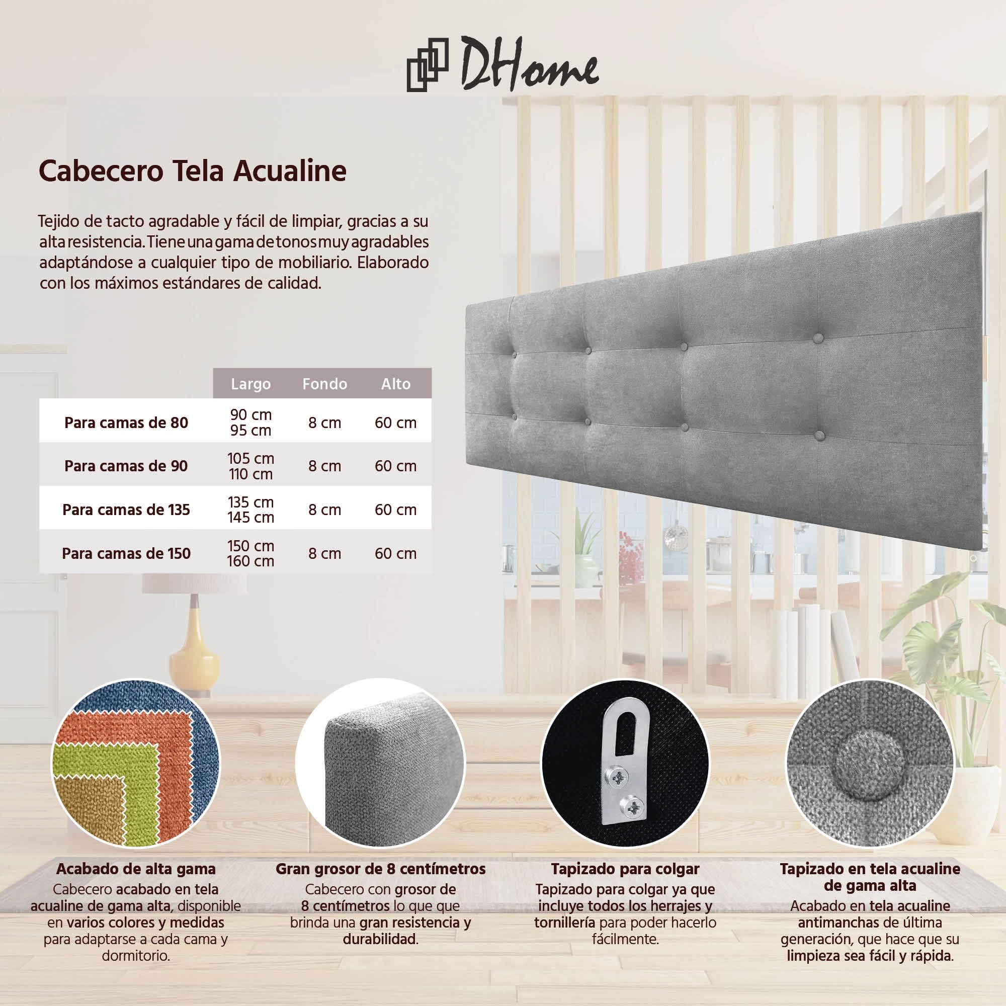 DHOME Gepolstertes Kopfteil ACUALINE 8cm Dick - Stoff und Kunstleder für Betten (Stoff Grau, 145cm für 120/135/140)