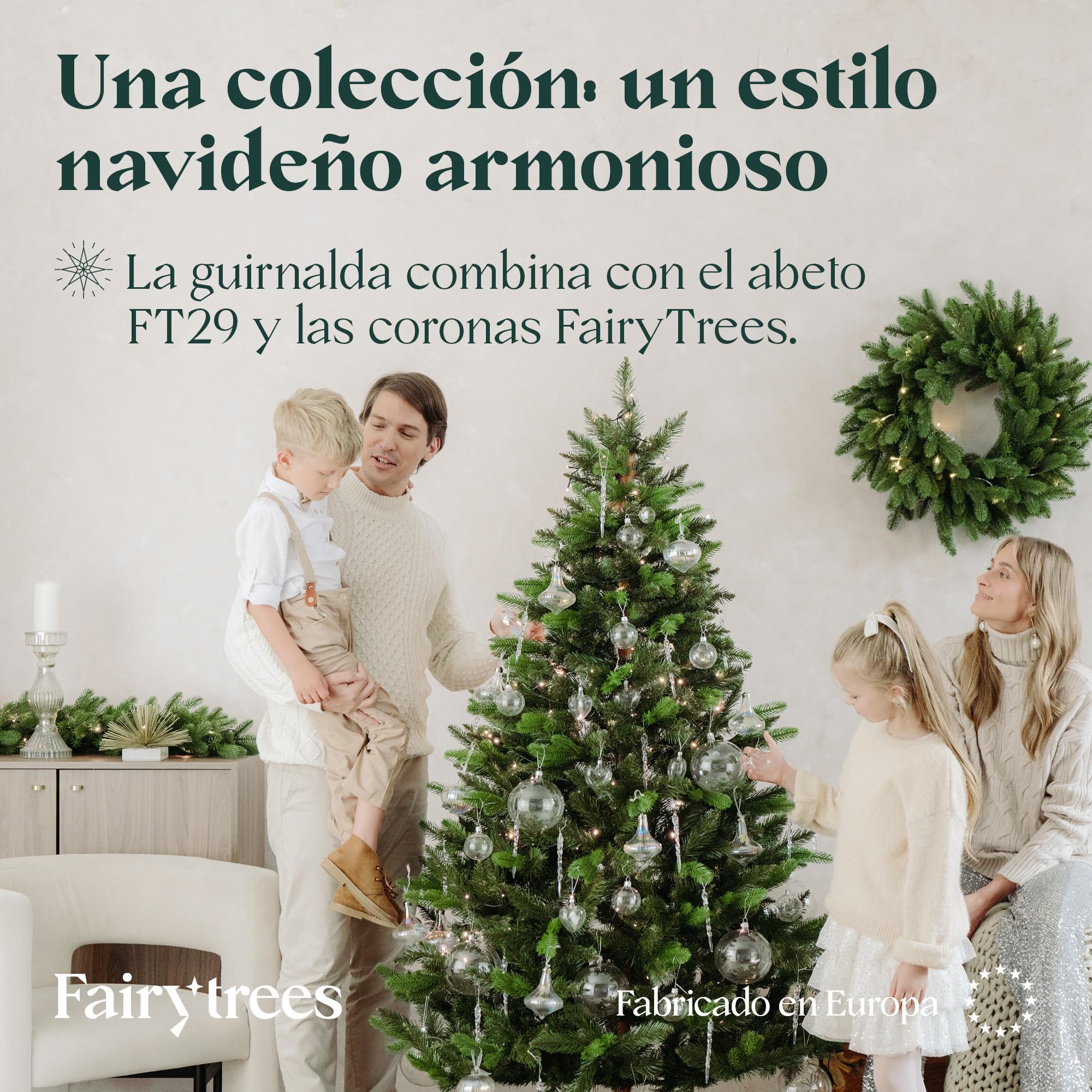 FAIRYTREES Guirnalda navideña Verde 270 cm en PE 10 % | Guirnalda de Abeto Artificial para escaleras, barandillas y Puertas | Diseño estilizado, decoración Puerta Navidad, Estilo Elegante