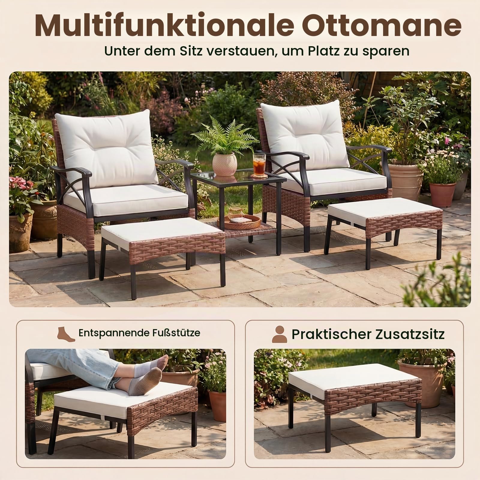 GIANTEX 5-teiliges Rattan Gartenmöbel Set, Balkonmöbel Kleiner 2-4 Personen, Lounge Möbel Outdoor mit Tisch, 2 Sessel, 2 Hocker, inkl. Rückenkissen & Sitzkissen, Terrassenmöbel