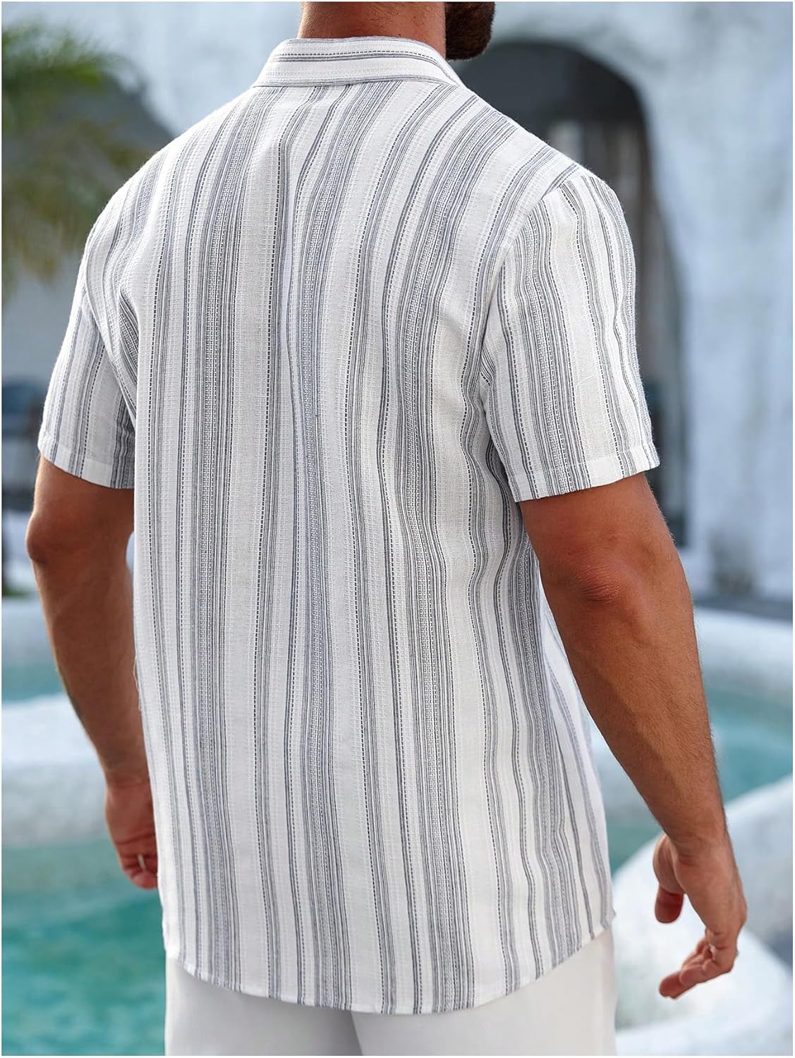 SOLY HUX Men's Button Down Striped Shirt Beach Vacation Short Sleeve Tops Summer Outfit - Image 3
